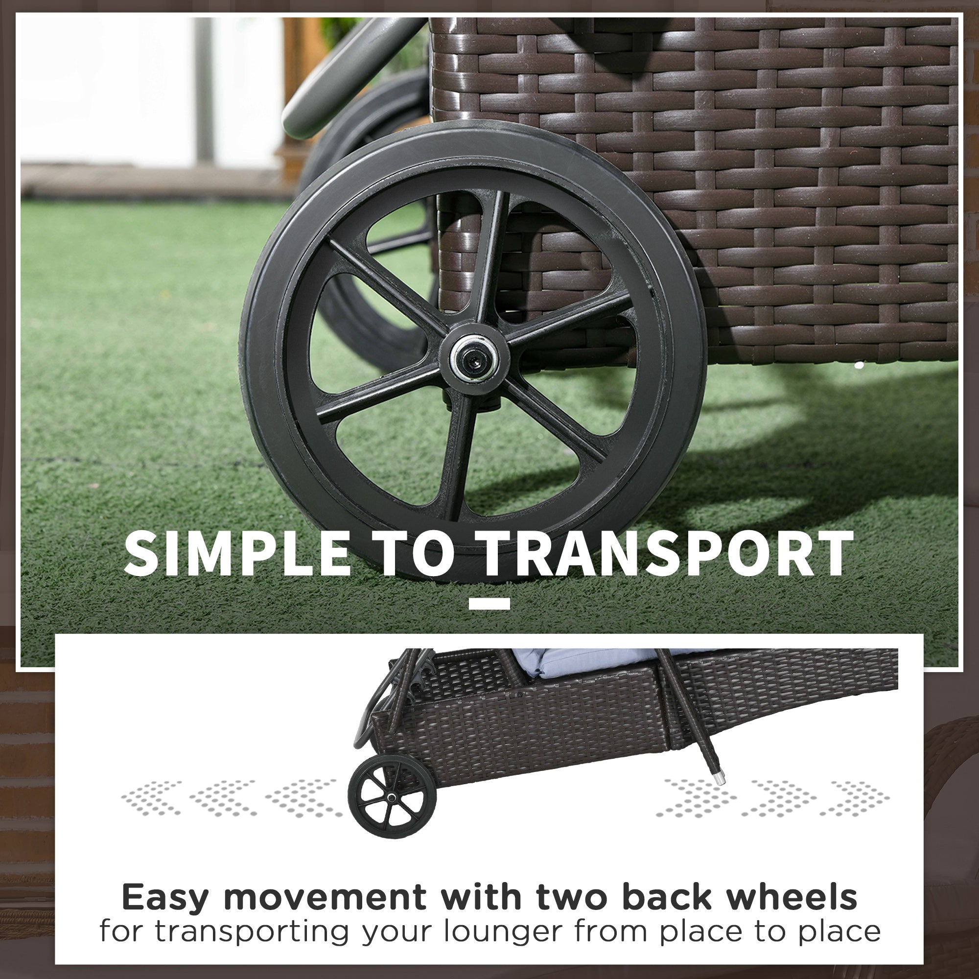 Outsunny Wicker Chaise Lounge, Outdoor Lounge Chair, PE Rattan Patio Sun lounger with Head-rest, 5-Level Height Adjust Backrest, Cushion, & Wheels, Deep Coffee and Silver Grey