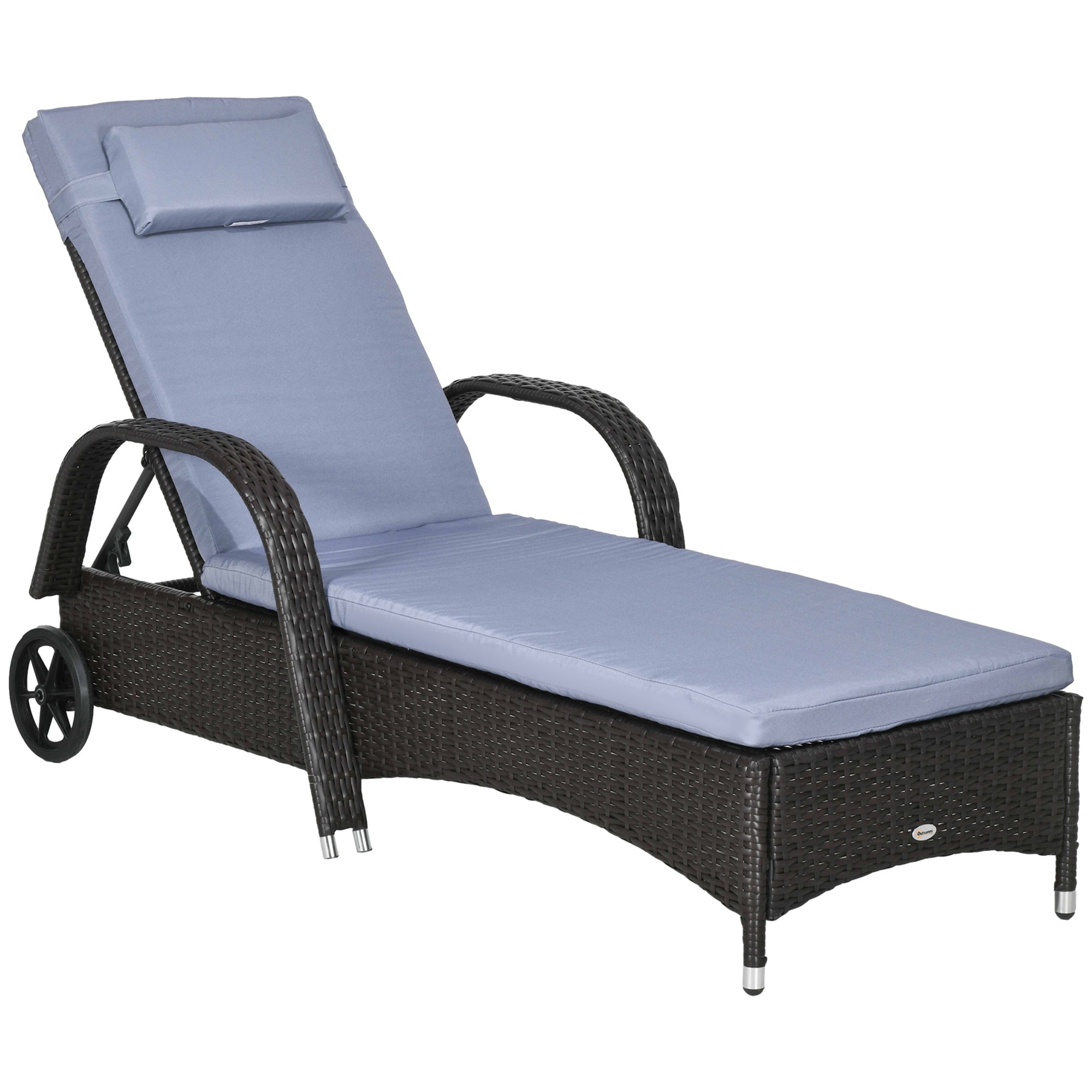 Outsunny Wicker Chaise Lounge, Outdoor Lounge Chair, PE Rattan Patio Sun lounger with Head-rest, 5-Level Height Adjust Backrest, Cushion, & Wheels, Deep Coffee and Silver Grey