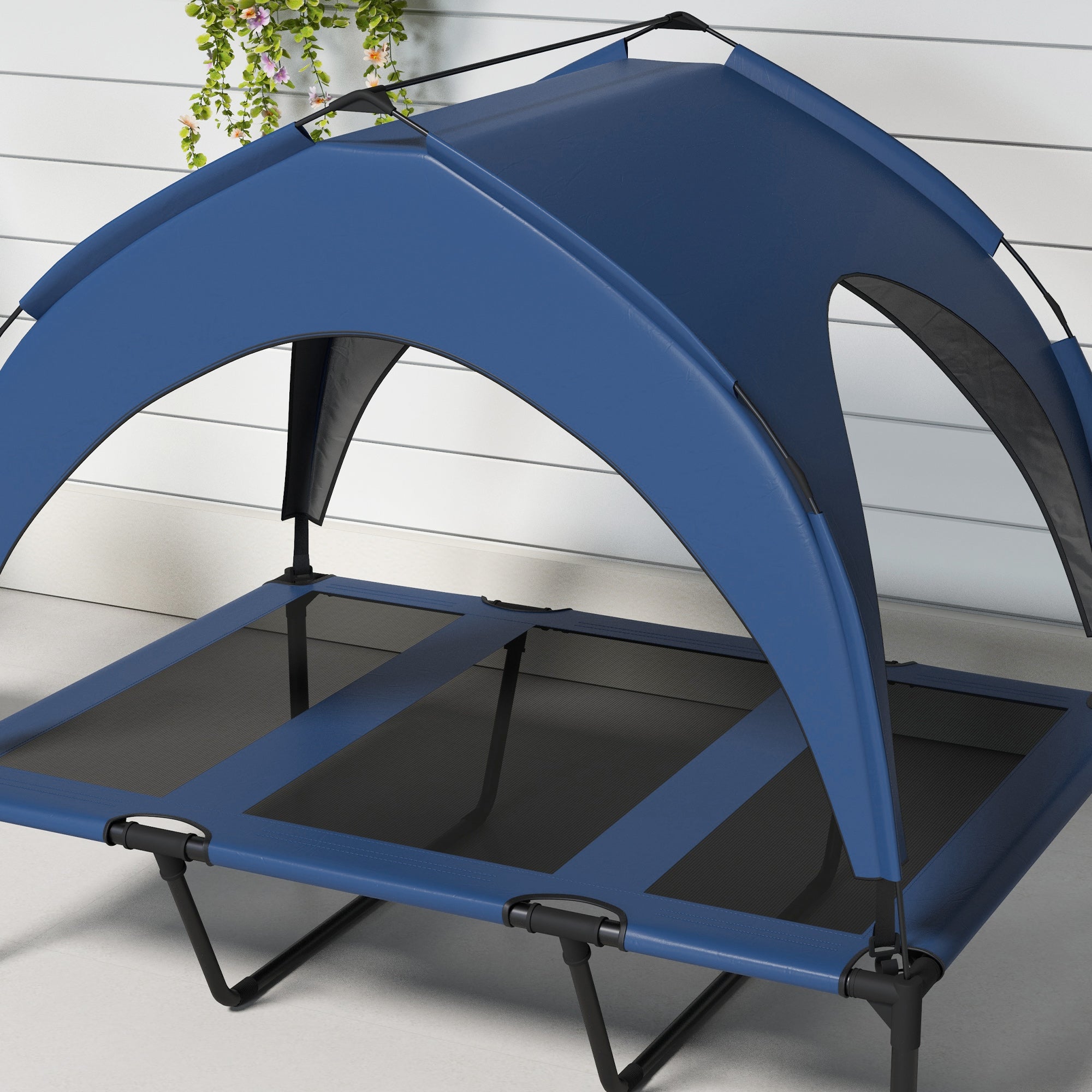 PawHut Cooling Raised Dog Bed, Elevated Pet Bed with Breathable Mesh, UV Protection Canopy, Foot Pads, for Indoor Outdoor, Large Dogs, 106 x 76 x 94cm - Dark Blue
