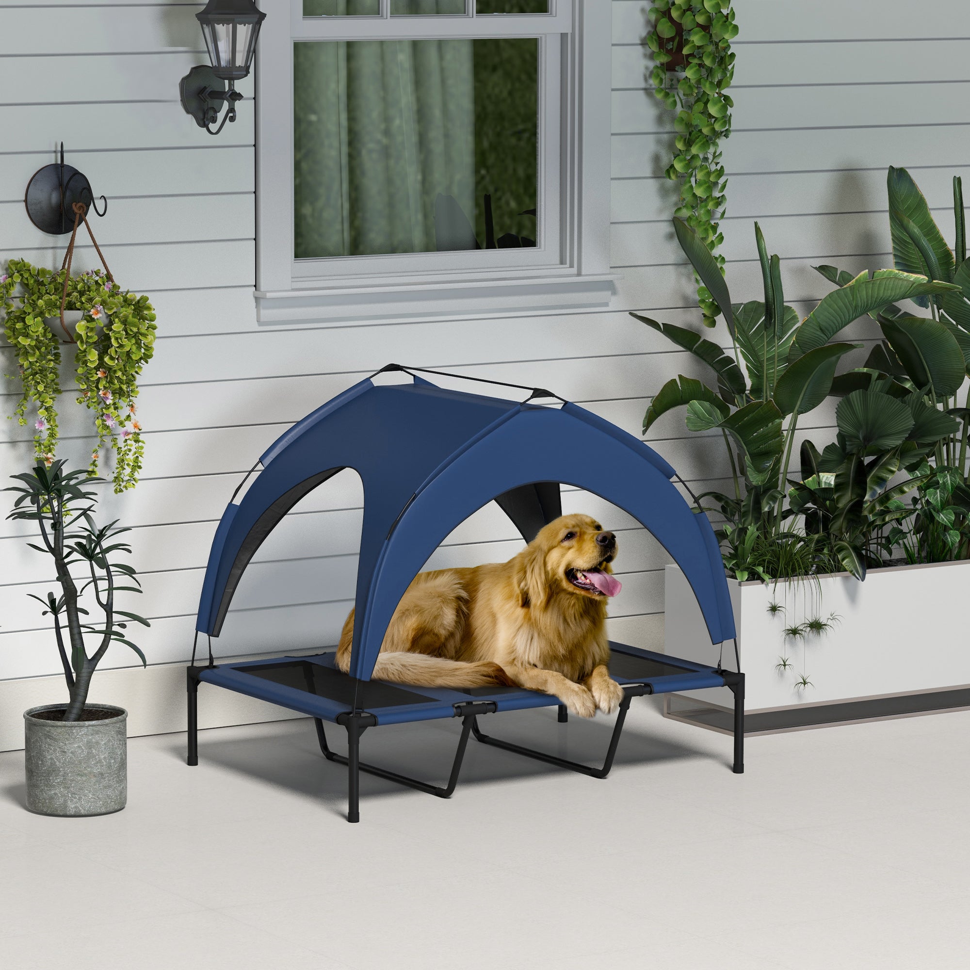 PawHut Cooling Raised Dog Bed, Elevated Pet Bed with Breathable Mesh, UV Protection Canopy, Foot Pads, for Indoor Outdoor, Large Dogs, 106 x 76 x 94cm - Dark Blue