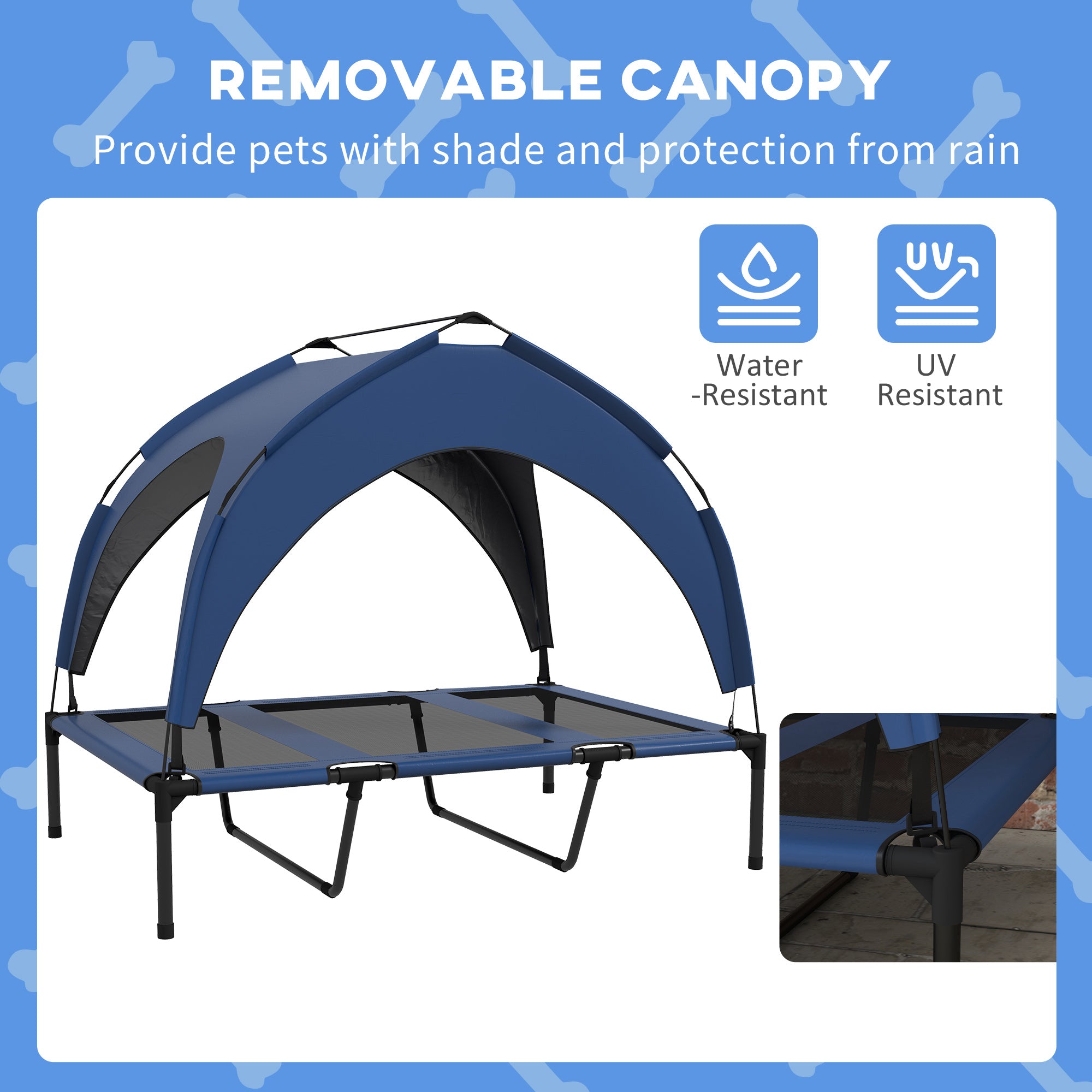 PawHut Cooling Raised Dog Bed, Elevated Pet Bed with Breathable Mesh, UV Protection Canopy, Foot Pads, for Indoor Outdoor, Large Dogs, 106 x 76 x 94cm - Dark Blue