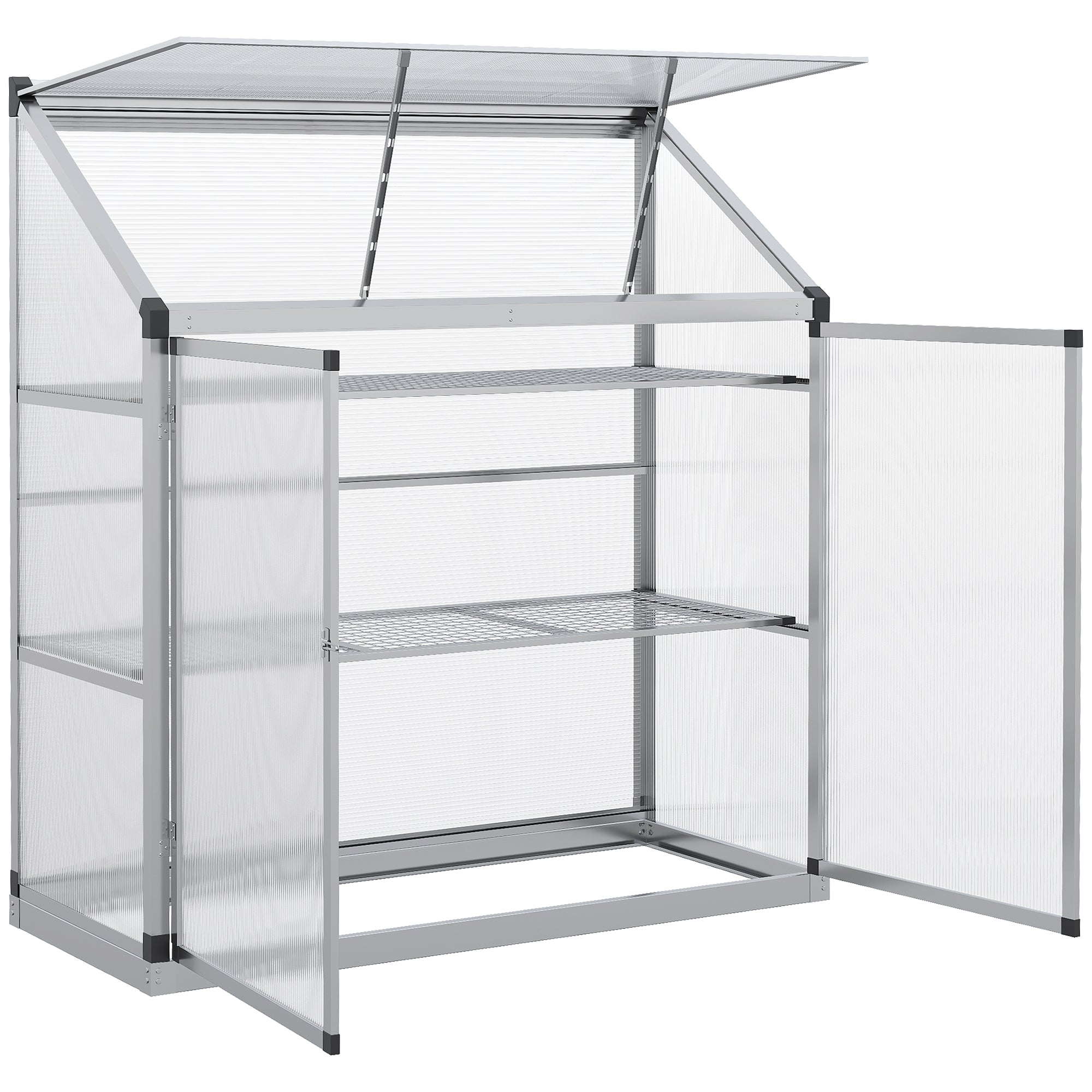 Outsunny Aluminum Cold Frame Greenhouse, Raised Planter Bed Protection with Openable Top and 2 Shelves for Outdoor Indoor, 52" x 23" x 55", Silver