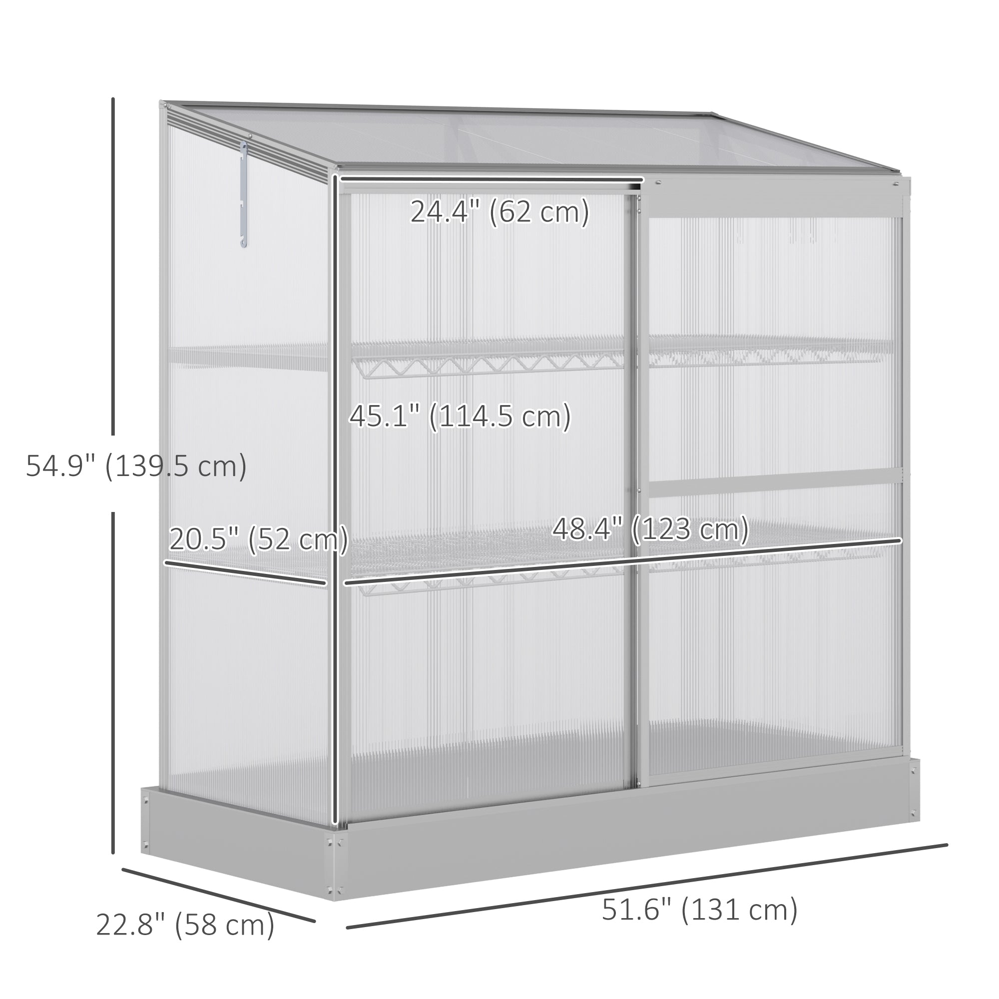 Outsunny Aluminum Cold Frame Greenhouse, Raised Planter Bed Protection with Openable Top and 2 Shelves for Outdoor Indoor, 52" x 23" x 55", Silver