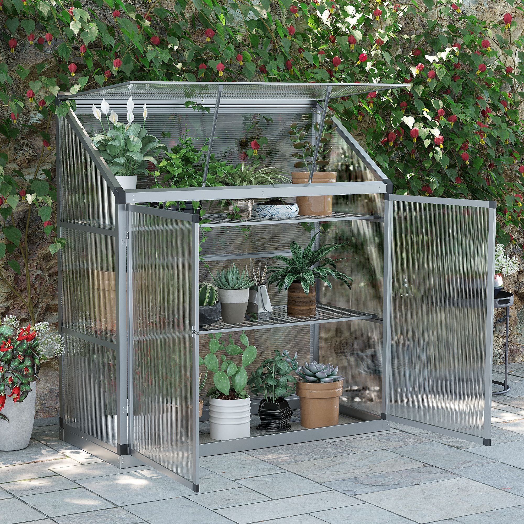 Outsunny Aluminum Cold Frame Greenhouse, Raised Planter Bed Protection with Openable Top and 2 Shelves for Outdoor Indoor, 52" x 23" x 55", Silver