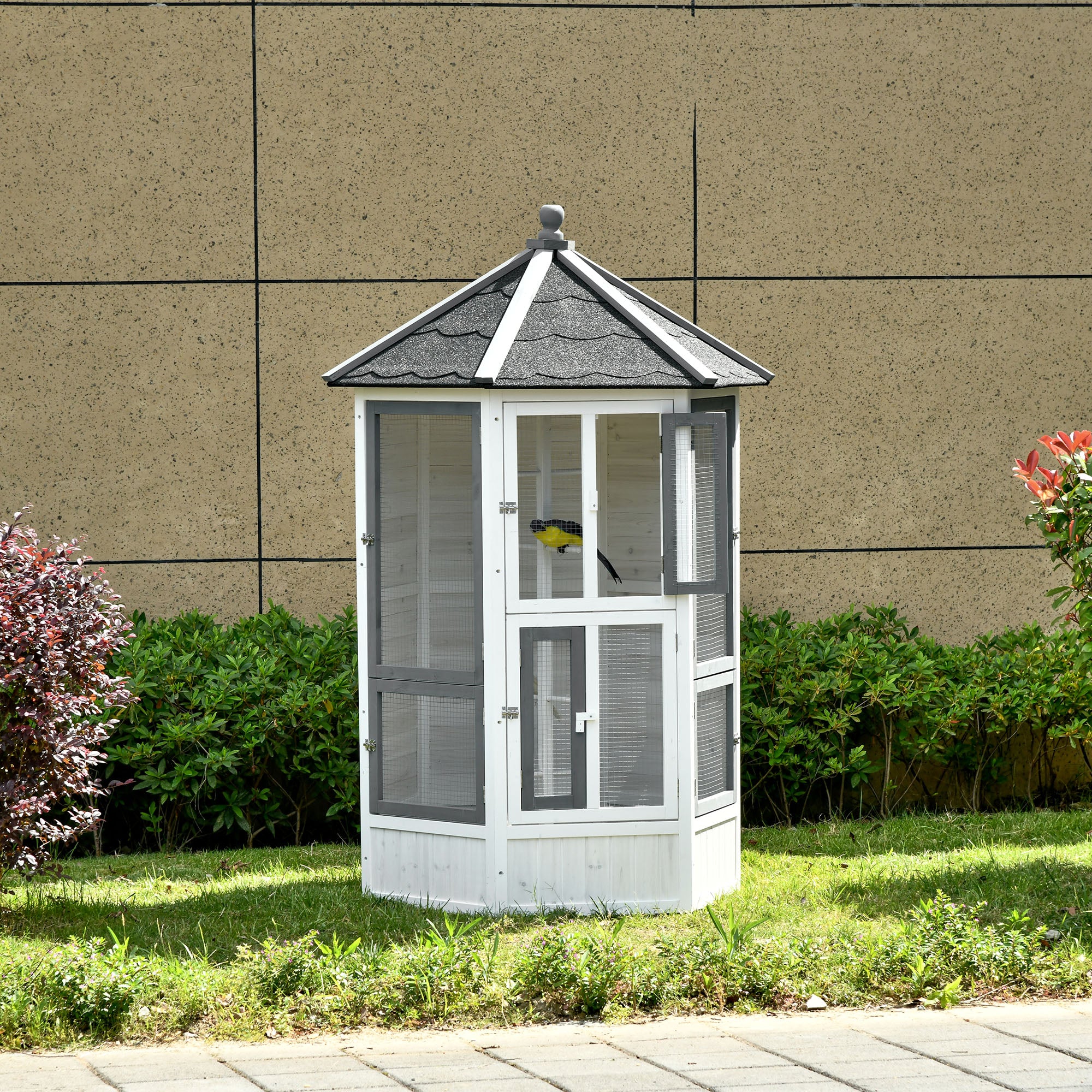 PawHut Large Wooden Aviary Bird Cage House for Budgie Canary Cockatiel Parrot Playing Zone with Perch Indoor Outdoor 125 x 125 x 183cm