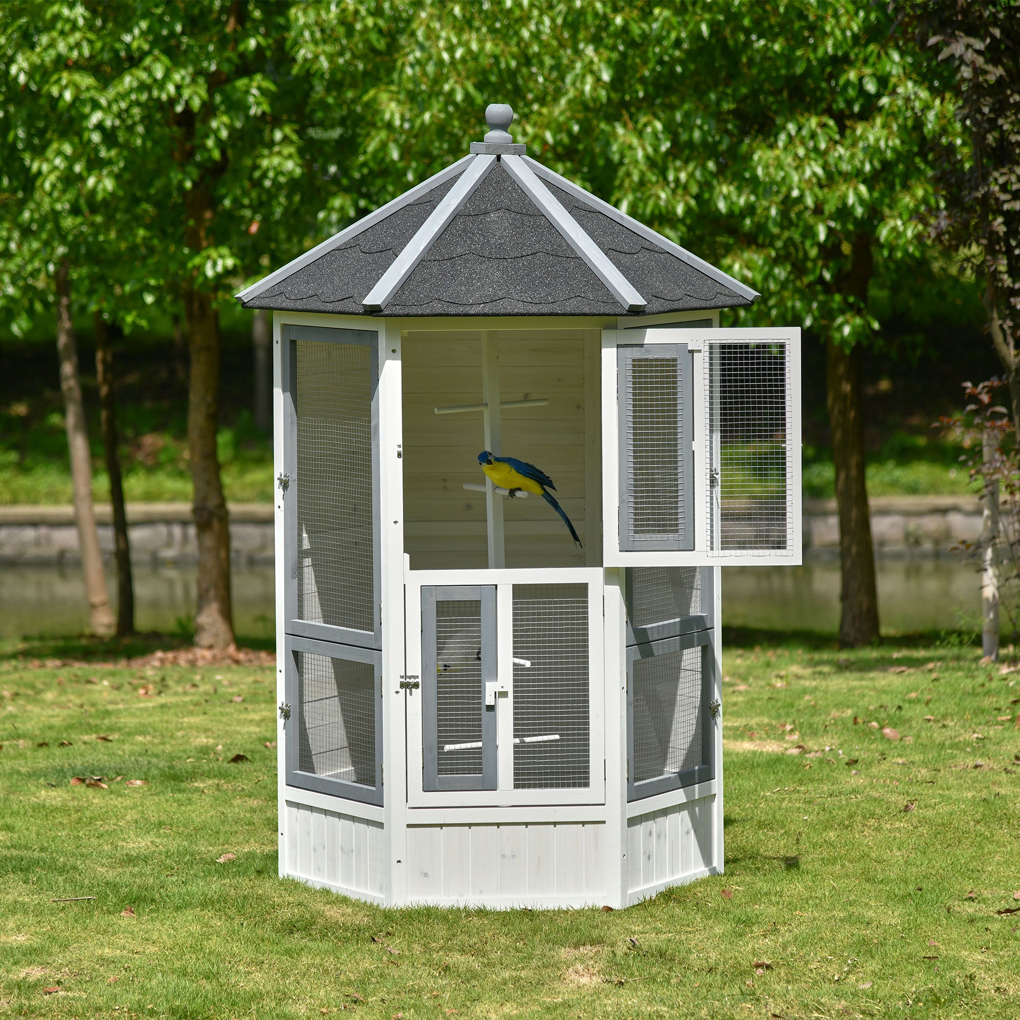 PawHut Large Wooden Aviary Bird Cage House for Budgie Canary Cockatiel Parrot Playing Zone with Perch Indoor Outdoor 125 x 125 x 183cm