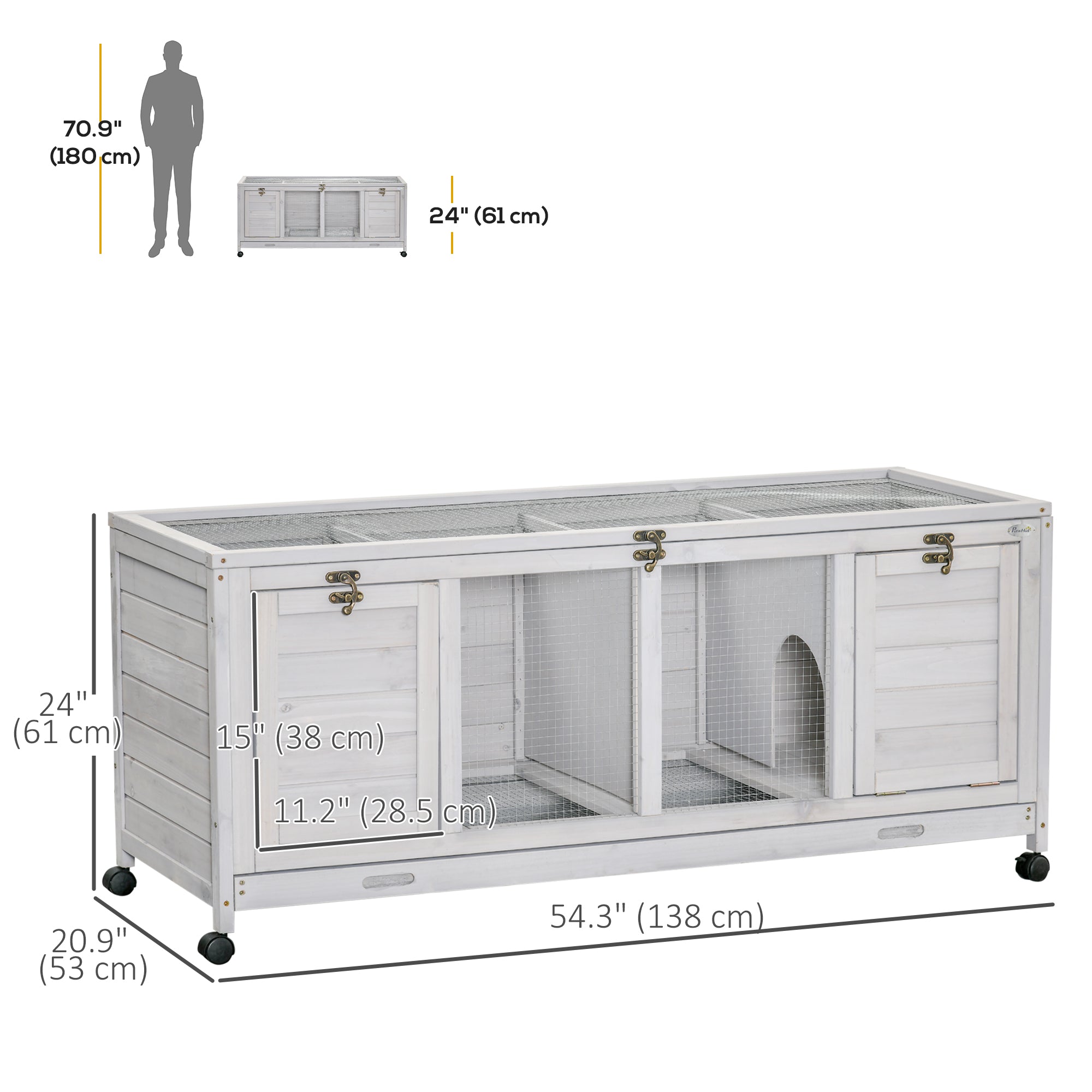 PawHut Wooden Rabbit Hutch, Indoor Outdoor Guinea Pig Cage with Wheels, Dividers, Tray for 1-2 Rabbits, Light Grey