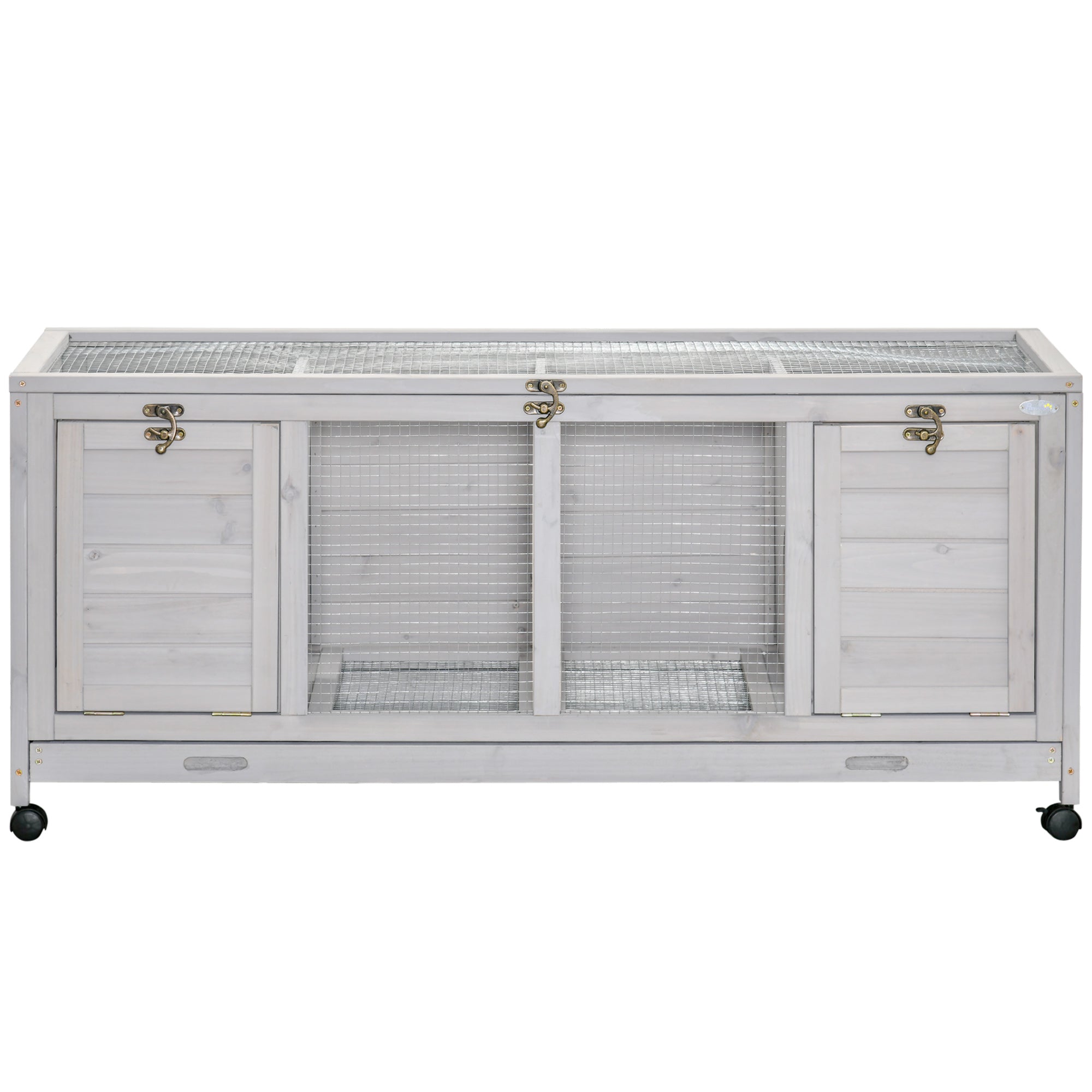 PawHut Wooden Rabbit Hutch, Indoor Outdoor Guinea Pig Cage with Wheels, Dividers, Tray for 1-2 Rabbits, Light Grey