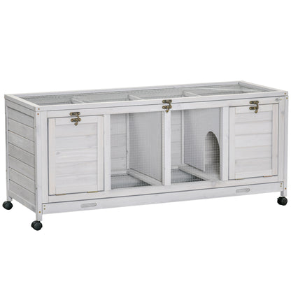 PawHut Wooden Rabbit Hutch, Indoor Outdoor Guinea Pig Cage with Wheels, Dividers, Tray for 1-2 Rabbits, Light Grey