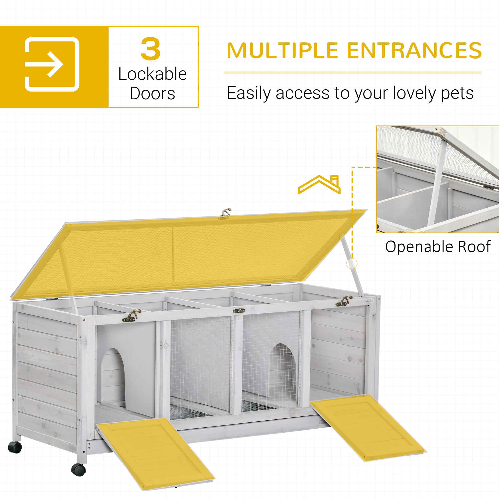 PawHut Wooden Rabbit Hutch, Indoor Outdoor Guinea Pig Cage with Wheels, Dividers, Tray for 1-2 Rabbits, Light Grey