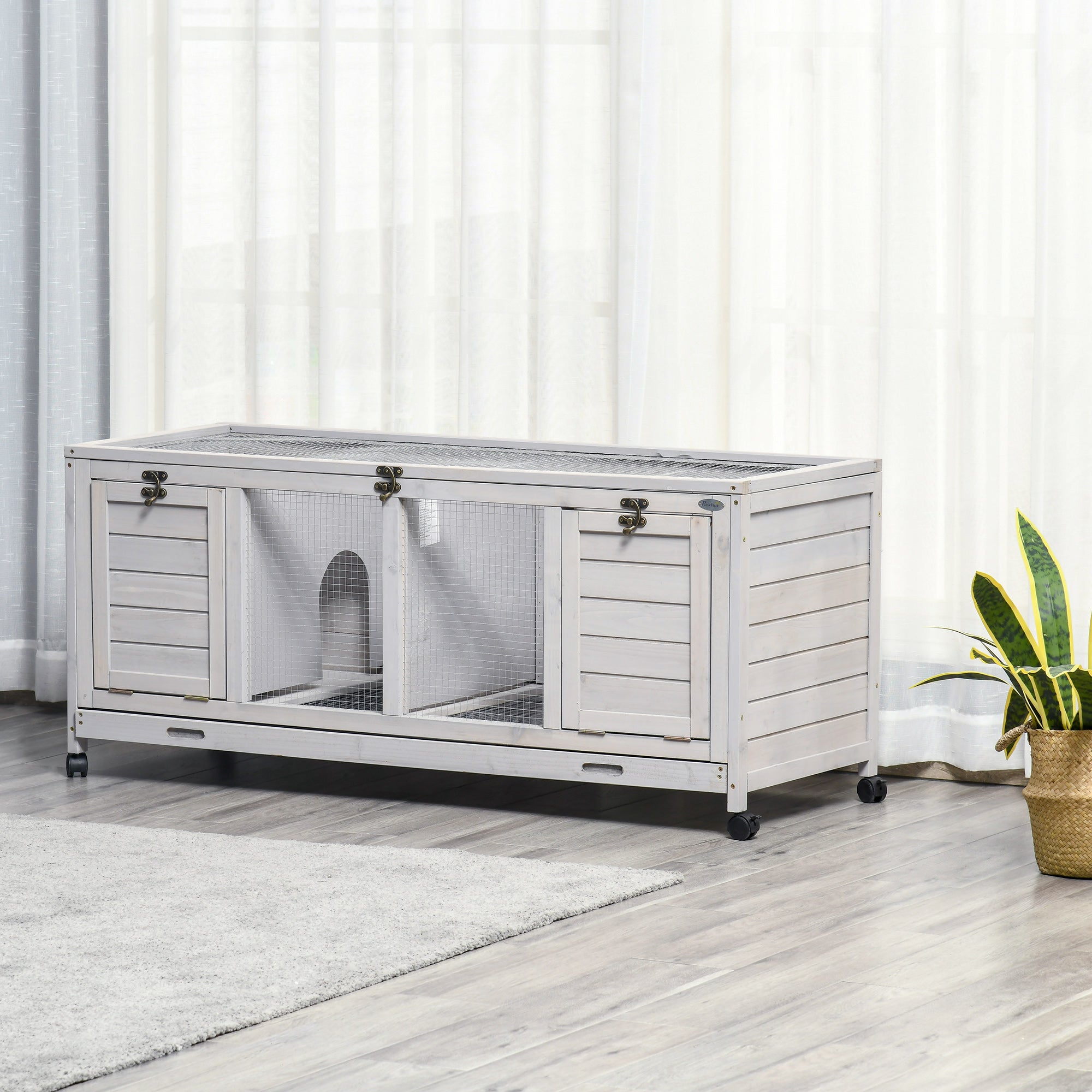 PawHut Wooden Rabbit Hutch, Indoor Outdoor Guinea Pig Cage with Wheels, Dividers, Tray for 1-2 Rabbits, Light Grey