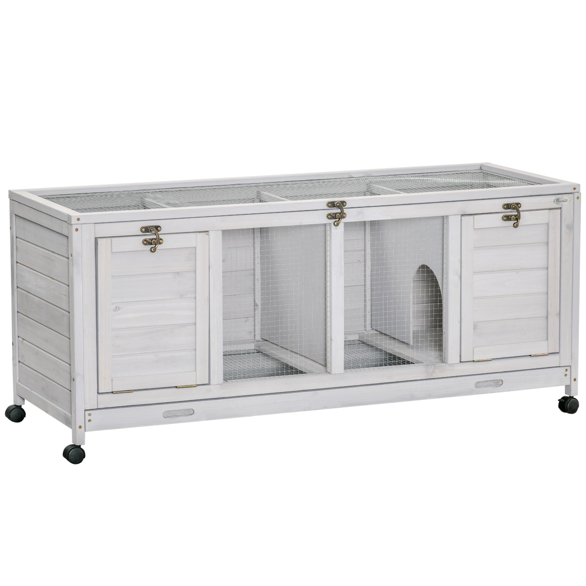 PawHut Wooden Rabbit Hutch, Indoor Outdoor Guinea Pig Cage with Wheels, Dividers, Tray for 1-2 Rabbits, Light Grey