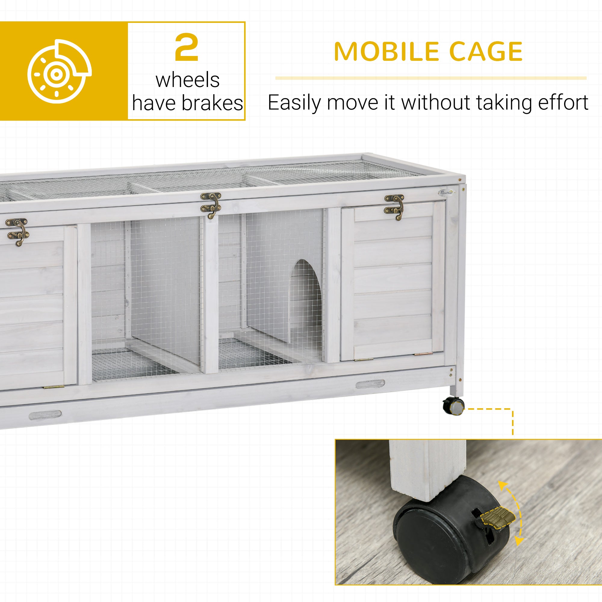 PawHut Wooden Rabbit Hutch, Indoor Outdoor Guinea Pig Cage with Wheels, Dividers, Tray for 1-2 Rabbits, Light Grey