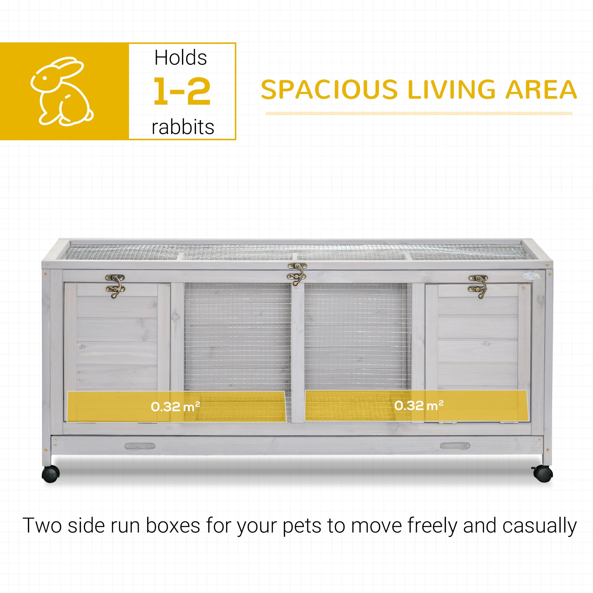 PawHut Wooden Rabbit Hutch, Indoor Outdoor Guinea Pig Cage with Wheels, Dividers, Tray for 1-2 Rabbits, Light Grey