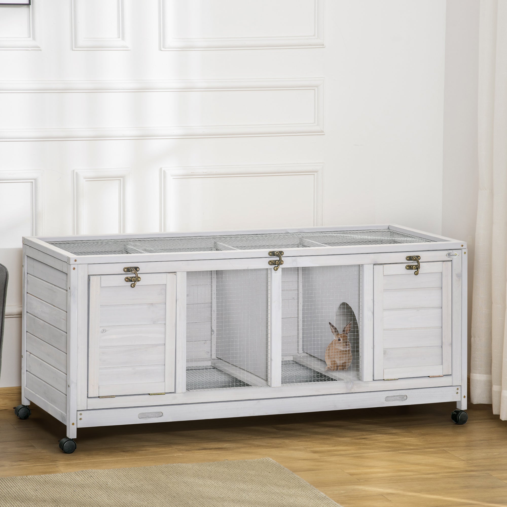 PawHut Rabbit Hutch Guinea Pig Cage, 2 in 1 Small Animal House for Indoor with Wheels 138 x 53 x 61cm, Light Grey