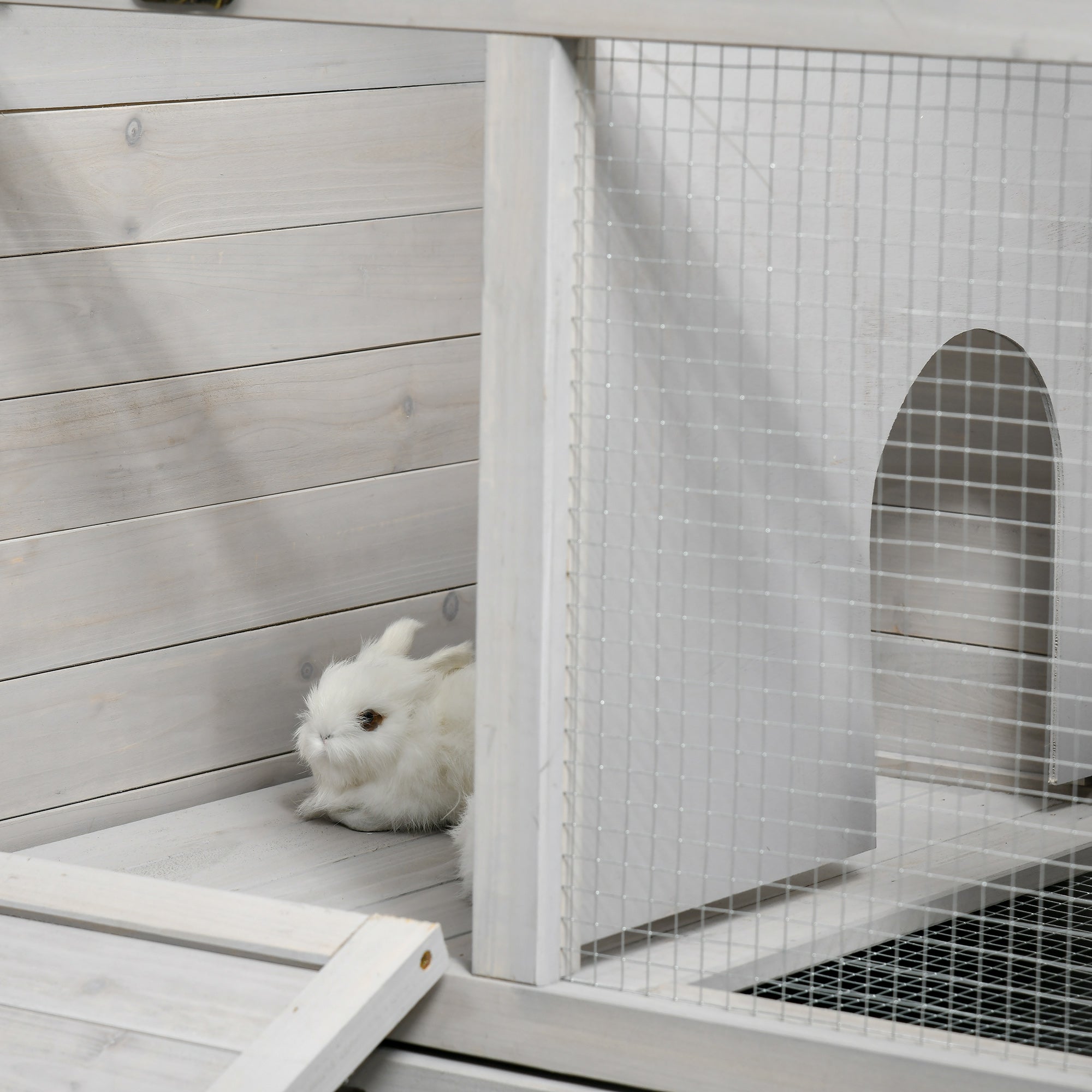 PawHut Wooden Rabbit Hutch, Indoor Outdoor Guinea Pig Cage with Wheels, Dividers, Tray for 1-2 Rabbits, Light Grey