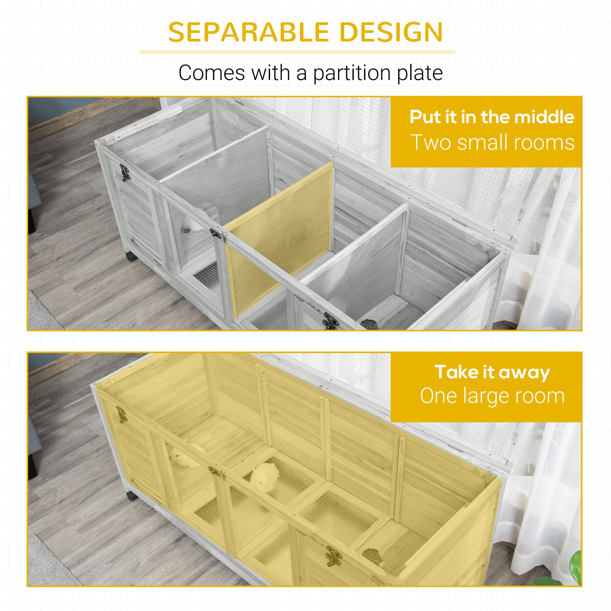 PawHut Wooden Rabbit Hutch, Indoor Outdoor Guinea Pig Cage with Wheels, Dividers, Tray for 1-2 Rabbits, Light Grey