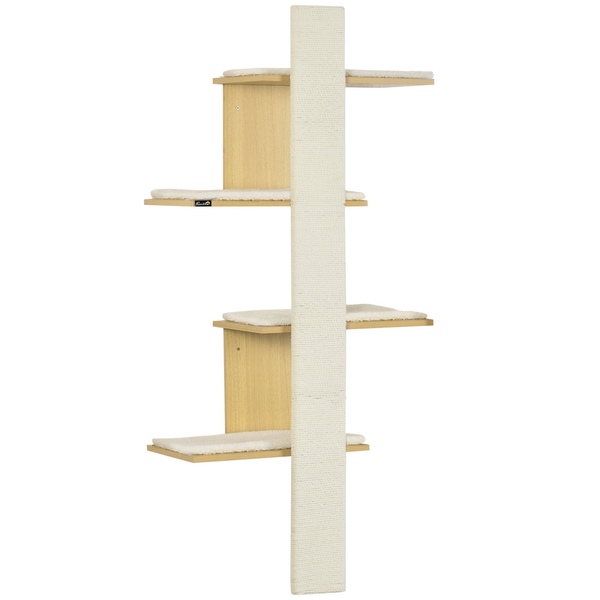 PawHut Cat Tree for Indoor Cats, Four-Layer Wall-Mounted Shelf, Cat Wall Furniture, Kitten Perch Climber Furniture w/ Cushions, Scratching Board - Oak Tone