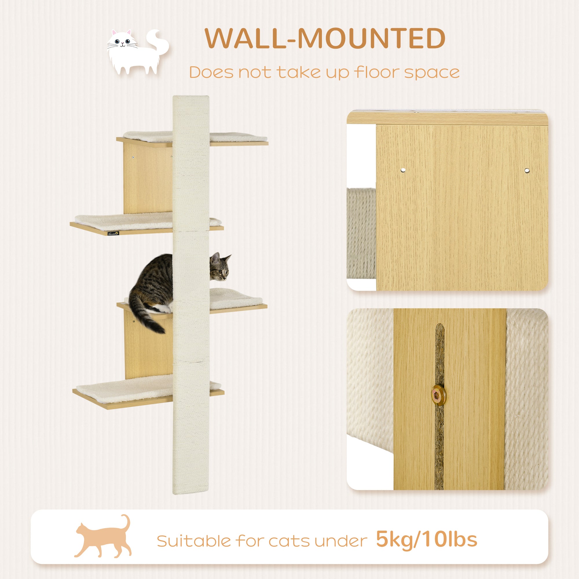 PawHut Cat Tree for Indoor Cats, Four-Layer Wall-Mounted Shelf, Cat Wall Furniture, Kitten Perch Climber Furniture w/ Cushions, Scratching Board - Oak Tone