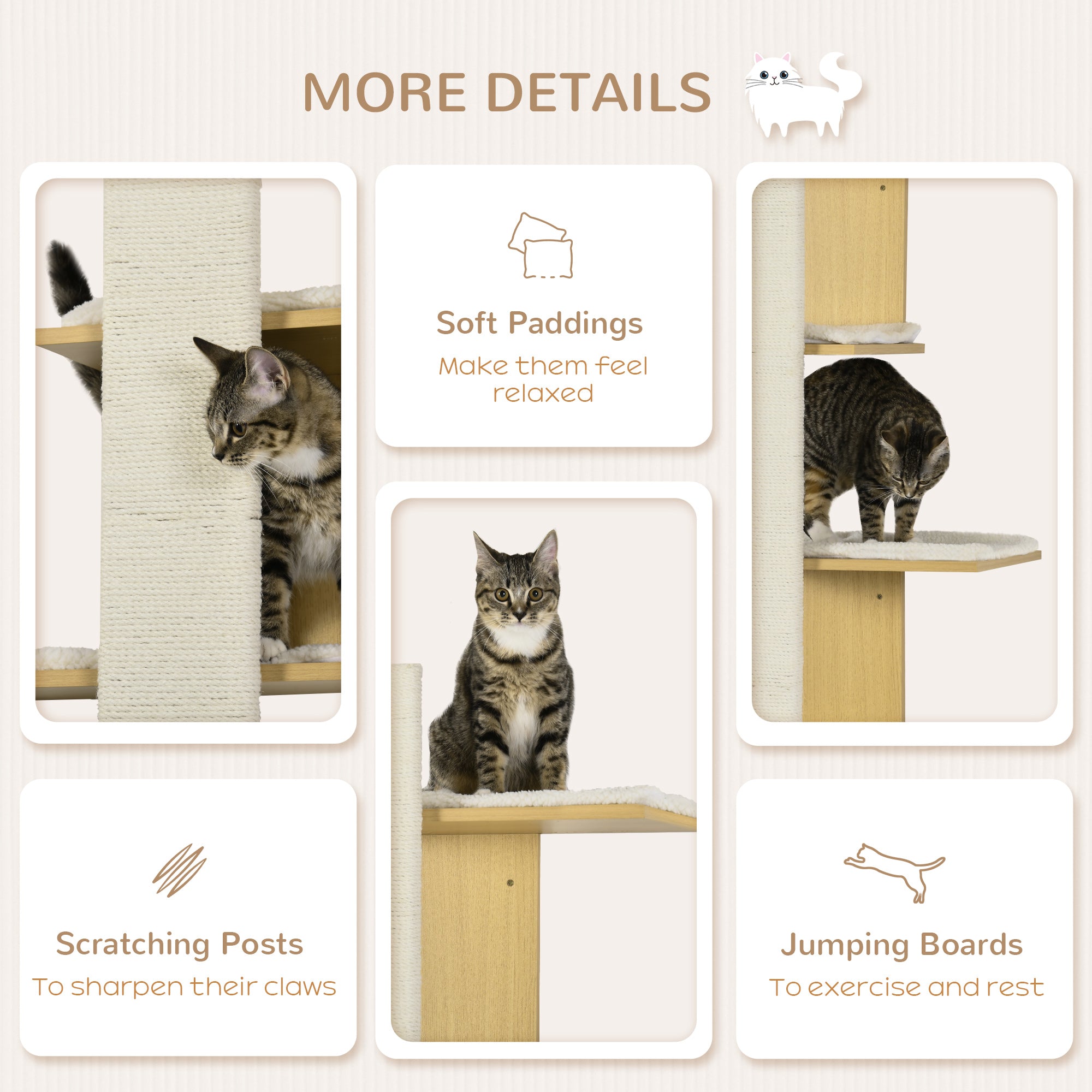 PawHut Cat Tree for Indoor Cats, Four-Layer Wall-Mounted Shelf, Cat Wall Furniture, Kitten Perch Climber Furniture w/ Cushions, Scratching Board - Oak Tone