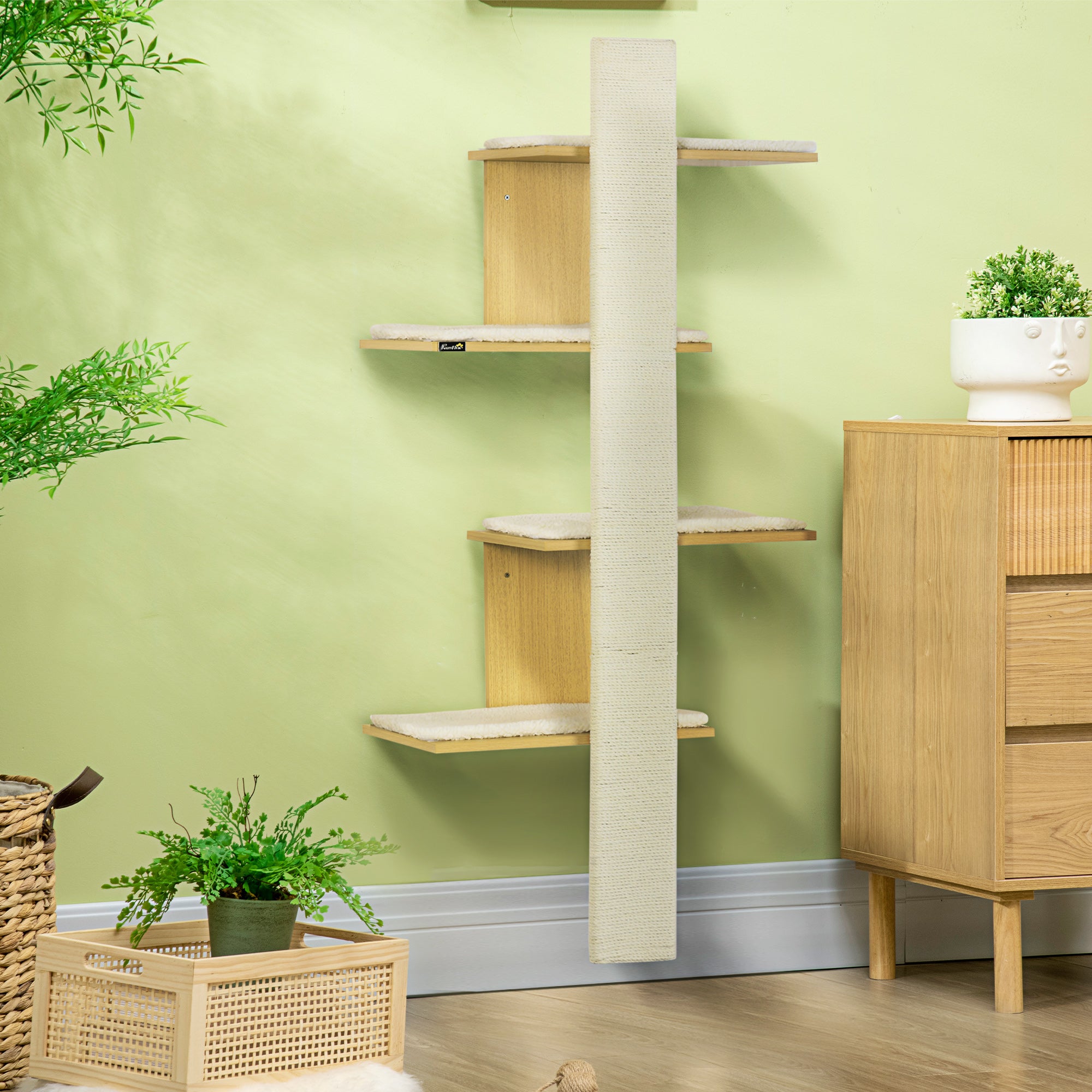 PawHut Cat Tree for Indoor Cats, Four-Layer Wall-Mounted Shelf, Cat Wall Furniture, Kitten Perch Climber Furniture w/ Cushions, Scratching Board - Oak Tone