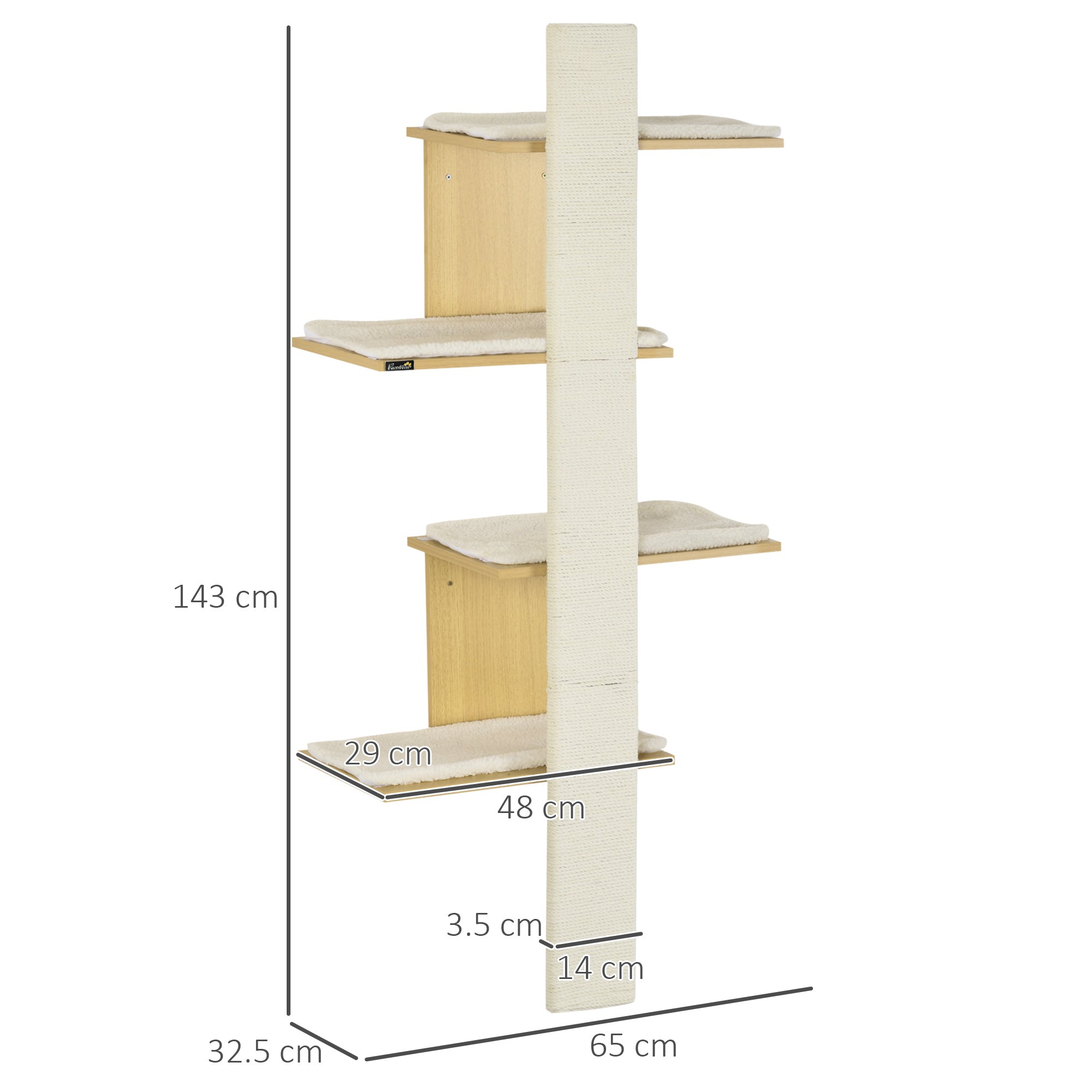 PawHut Cat Tree for Indoor Cats, Four-Layer Wall-Mounted Shelf, Cat Wall Furniture, Kitten Perch Climber Furniture w/ Cushions, Scratching Board - Oak Tone