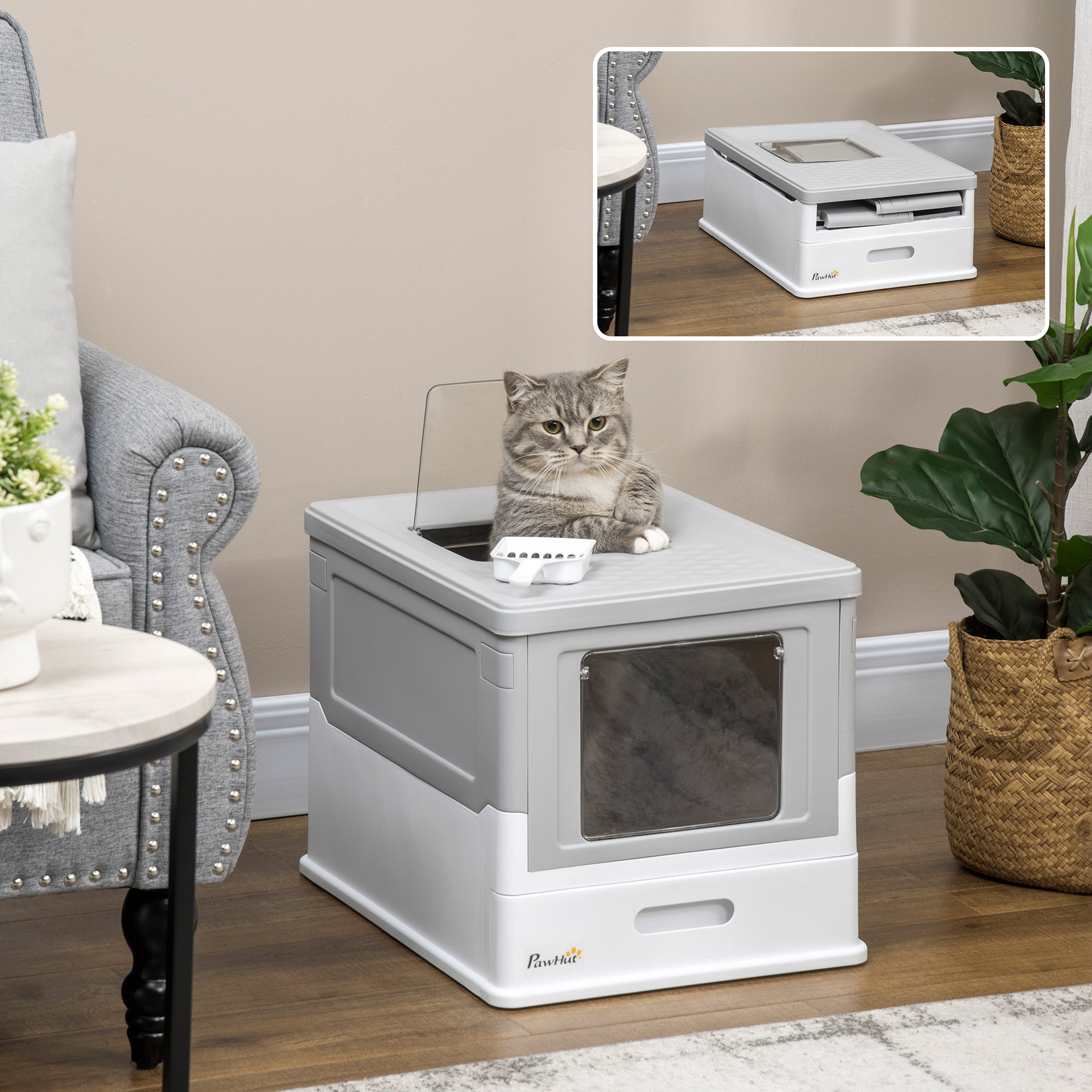 PawHut Cat Litter Box, Top Entry Enclosed Foldable Kitty Litter Box with Scoop, Tray, Portable Kitten Litter Box Enclosure with Front Entry, Large Space, Grey