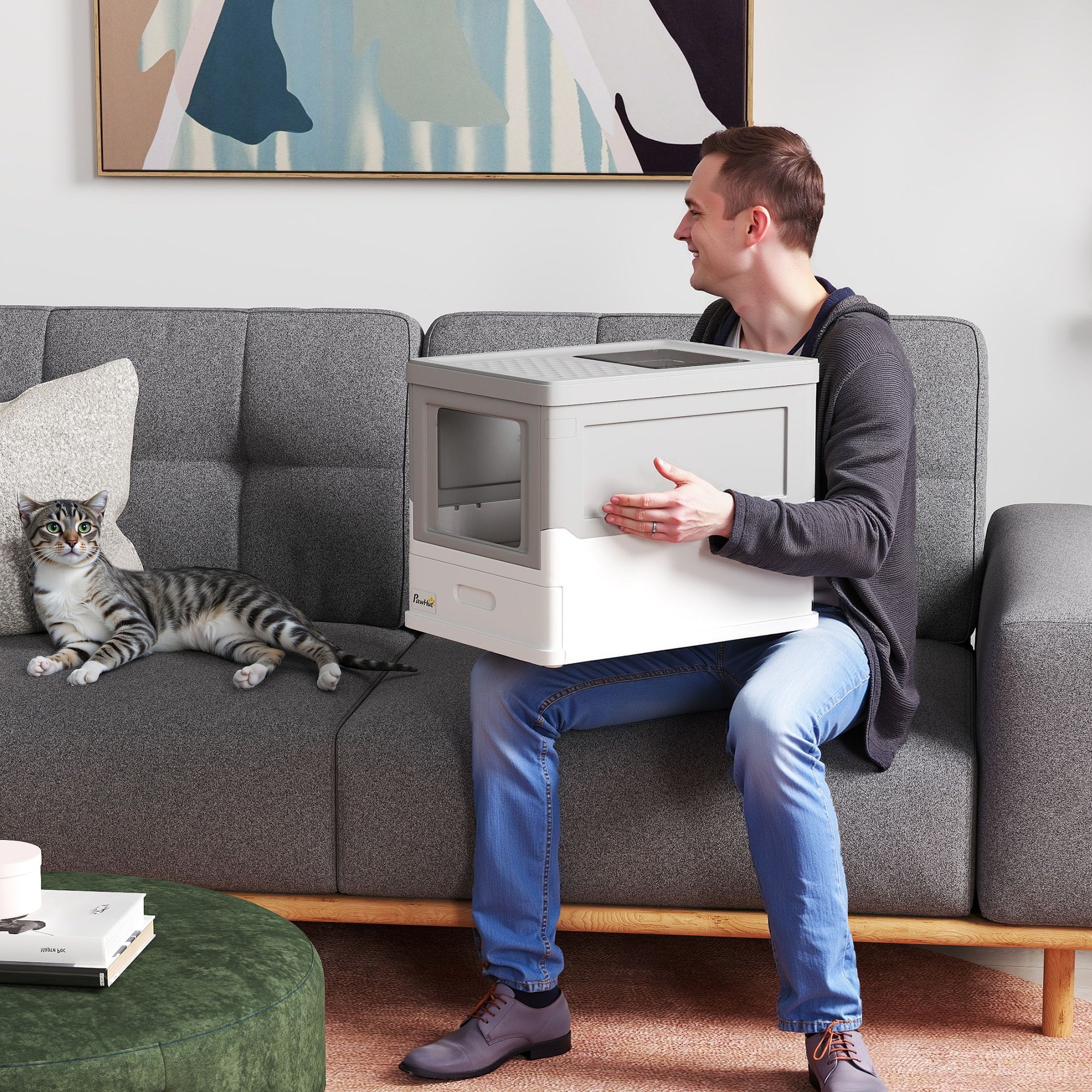 PawHut Cat Litter Box, Top Entry Enclosed Foldable Kitty Litter Box with Scoop, Tray, Portable Kitten Litter Box Enclosure with Front Entry, Large Space, Grey