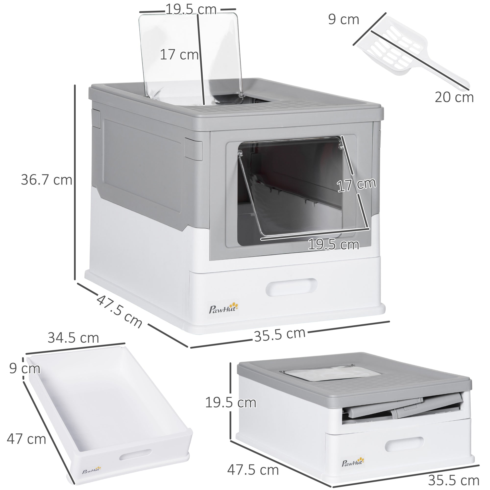 PawHut Cat Litter Tray with Hood Enclosed Cat Litter Box Pet Toilet w/ Lid, Scoop, Front Entry, 47.5 x 35.5 x 36.7cm - Grey