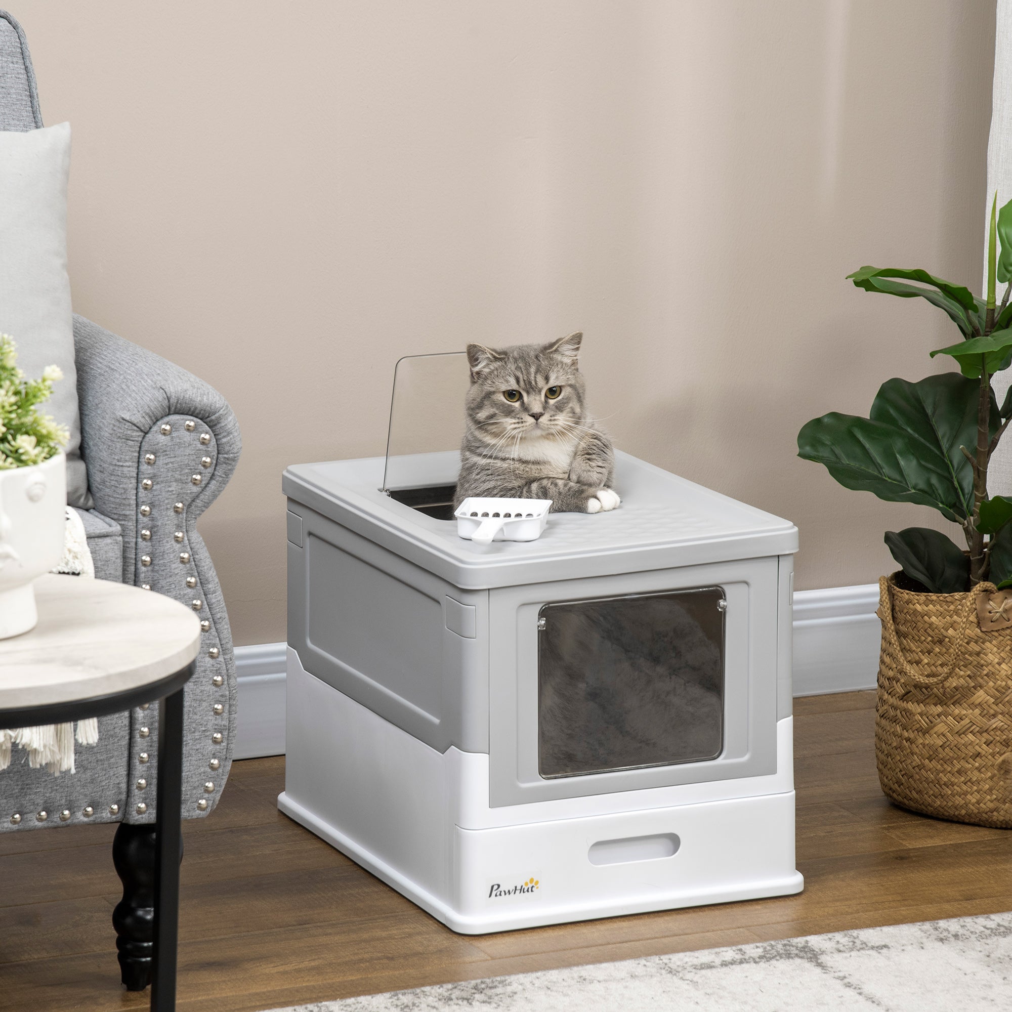 PawHut Cat Litter Tray with Hood Enclosed Cat Litter Box Pet Toilet w/ Lid, Scoop, Front Entry, 47.5 x 35.5 x 36.7cm - Grey