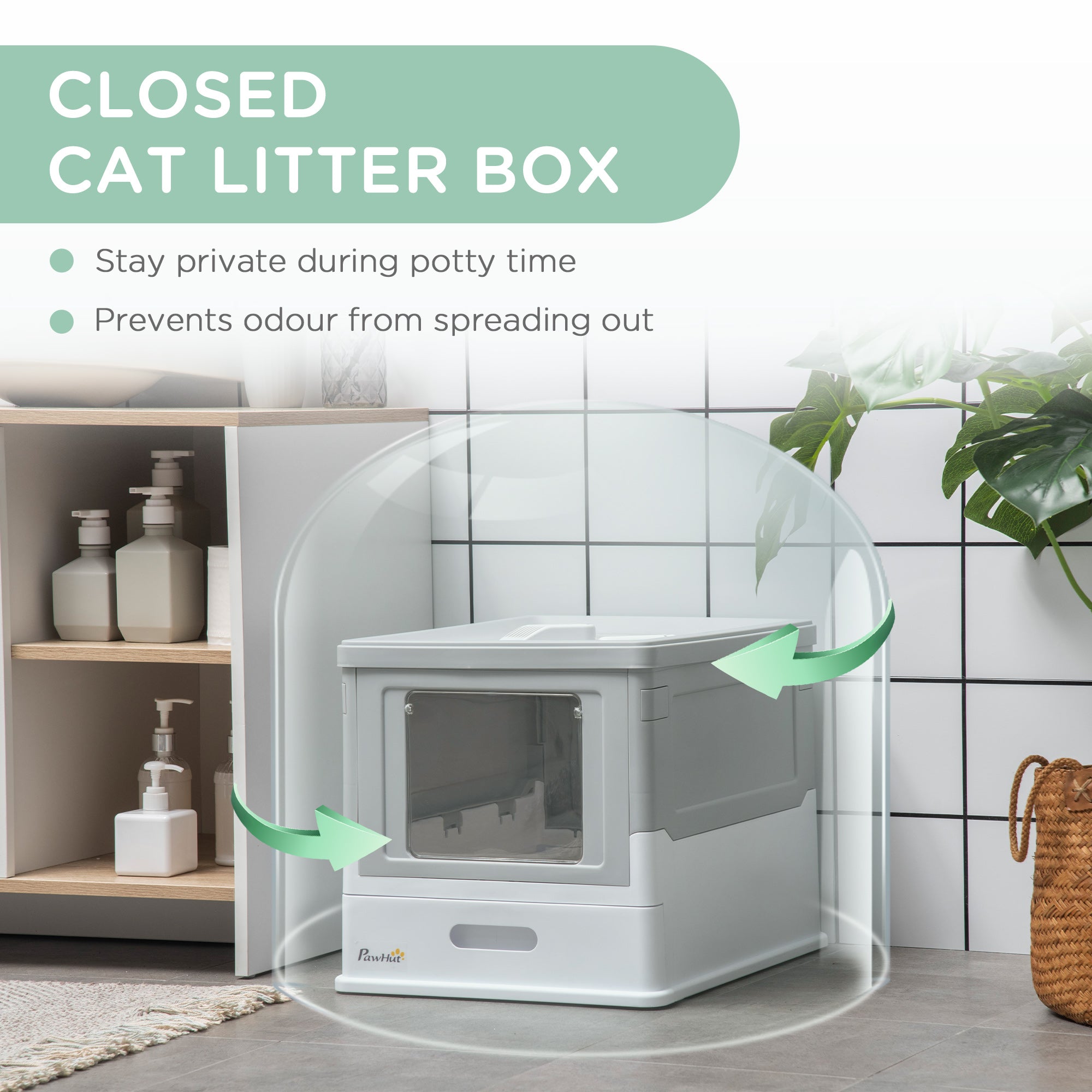 PawHut Cat Litter Tray with Hood Enclosed Cat Litter Box Pet Toilet w/ Lid, Scoop, Front Entry, 47.5 x 35.5 x 36.7cm - Grey