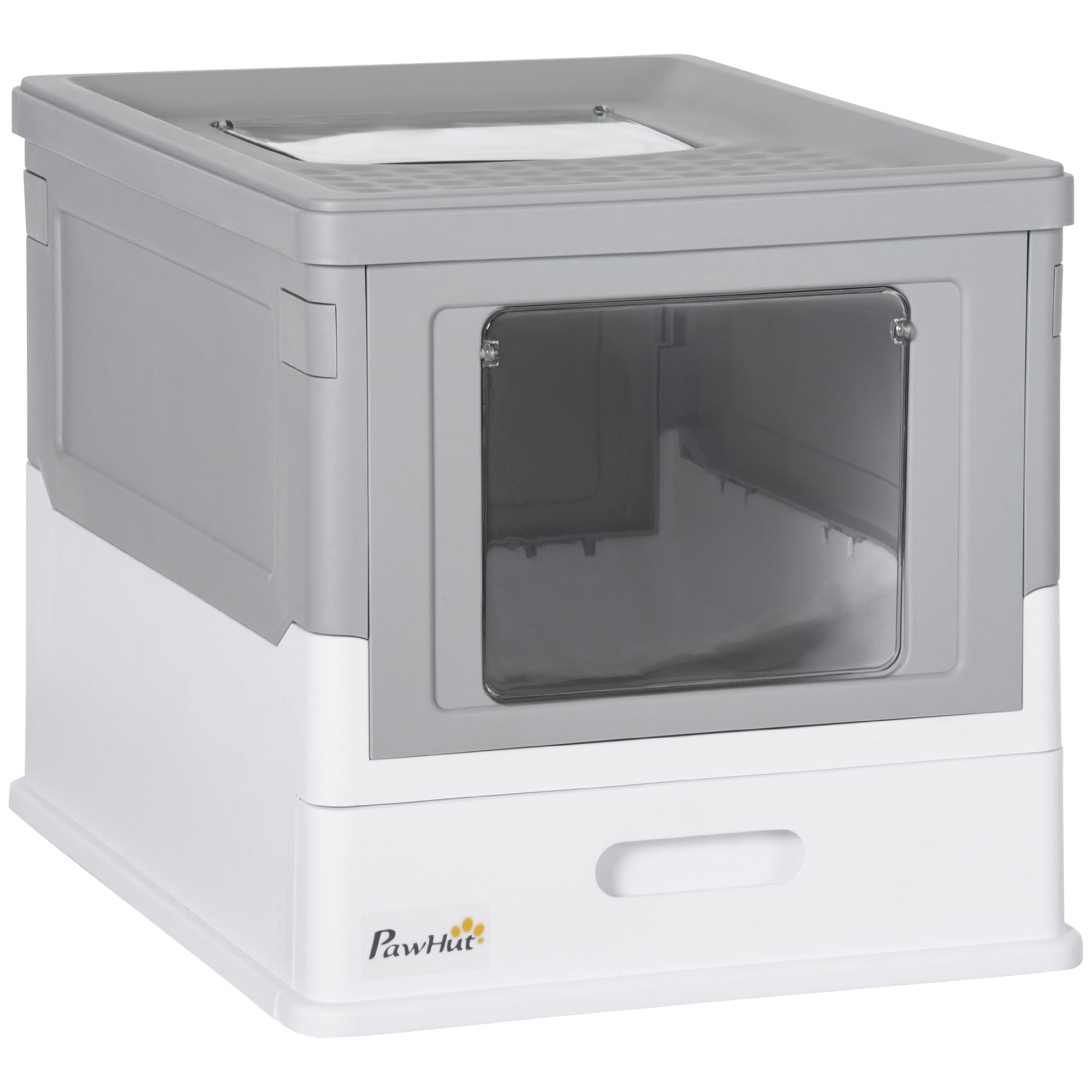 PawHut Cat Litter Box, Top Entry Enclosed Foldable Kitty Litter Box with Scoop, Tray, Portable Kitten Litter Box Enclosure with Front Entry, Large Space, Grey