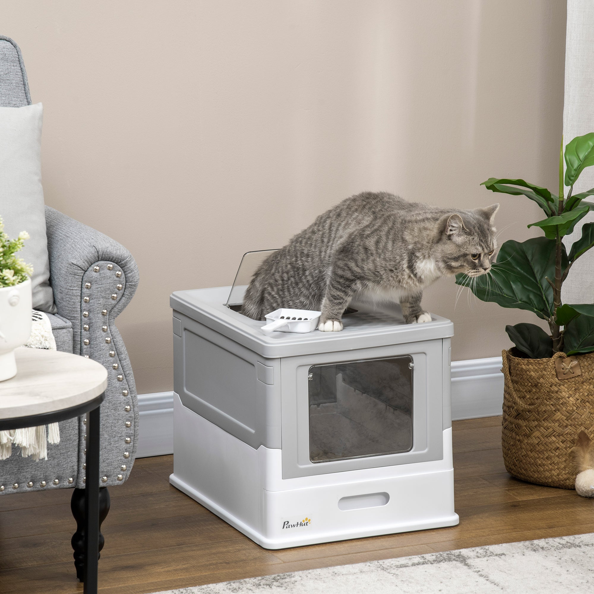 PawHut Cat Litter Tray with Hood Enclosed Cat Litter Box Pet Toilet w/ Lid, Scoop, Front Entry, 47.5 x 35.5 x 36.7cm - Grey