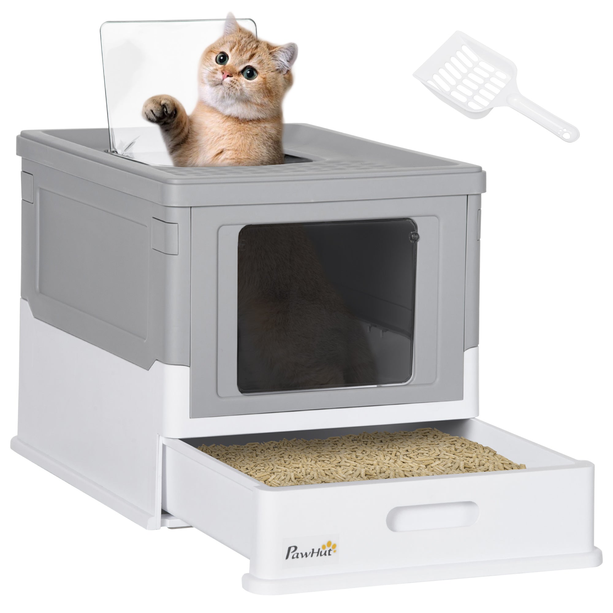 PawHut Cat Litter Box, Top Entry Enclosed Foldable Kitty Litter Box with Scoop, Tray, Portable Kitten Litter Box Enclosure with Front Entry, Large Space, Grey