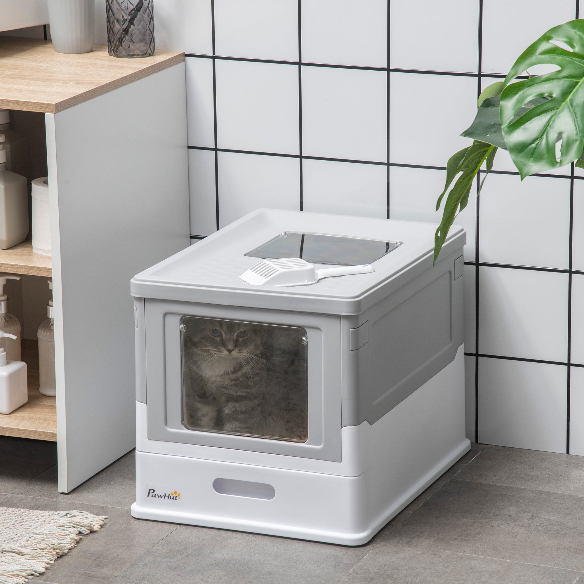 PawHut Cat Litter Box, Top Entry Enclosed Foldable Kitty Litter Box with Scoop, Tray, Portable Kitten Litter Box Enclosure with Front Entry, Large Space, Grey