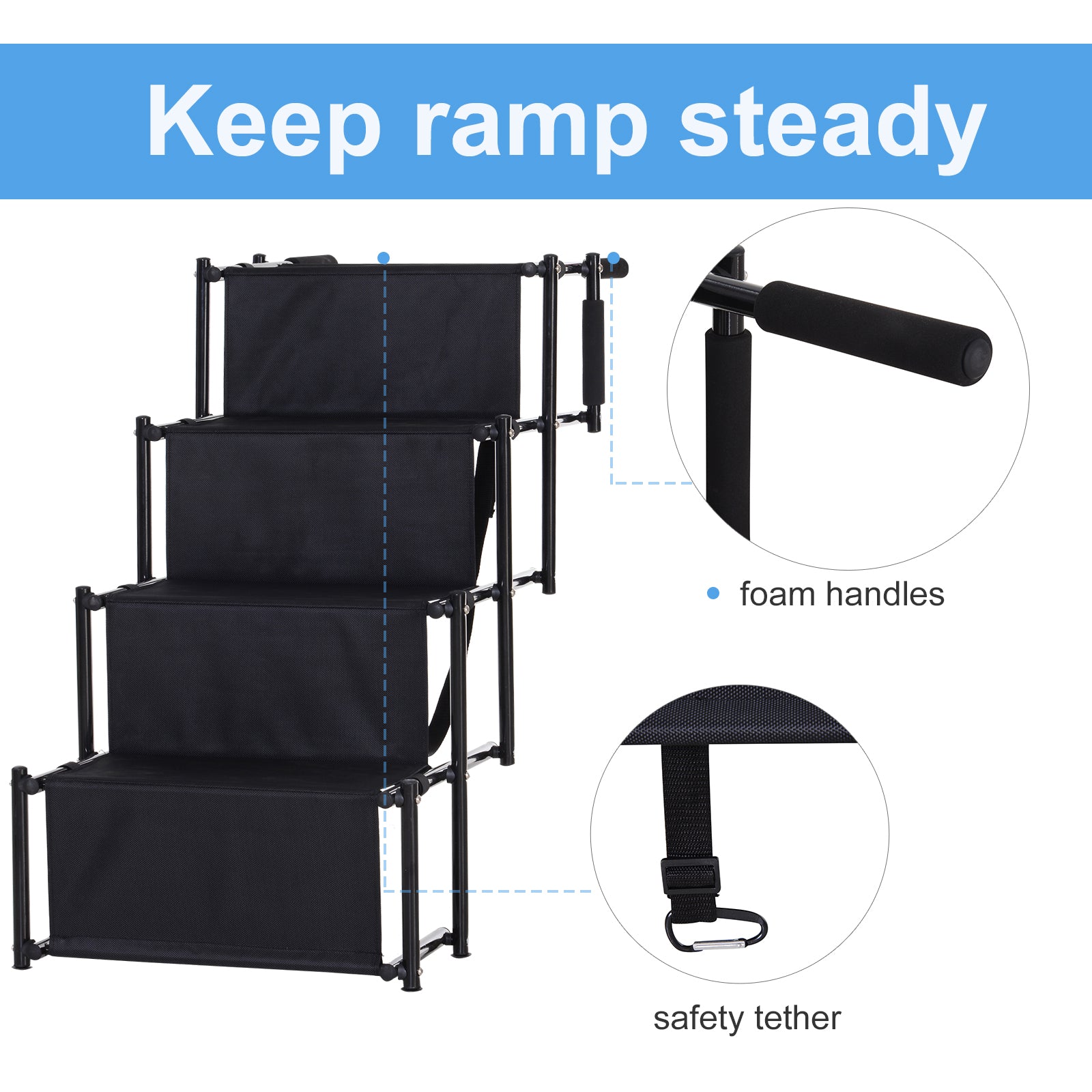 PawHut 4 Step Foldable Portable Pet Stairs Ramp Compact and Lightweight Nonslip Oxford Waterproof, includes safety tether for Indoor Outdoor Use, Black