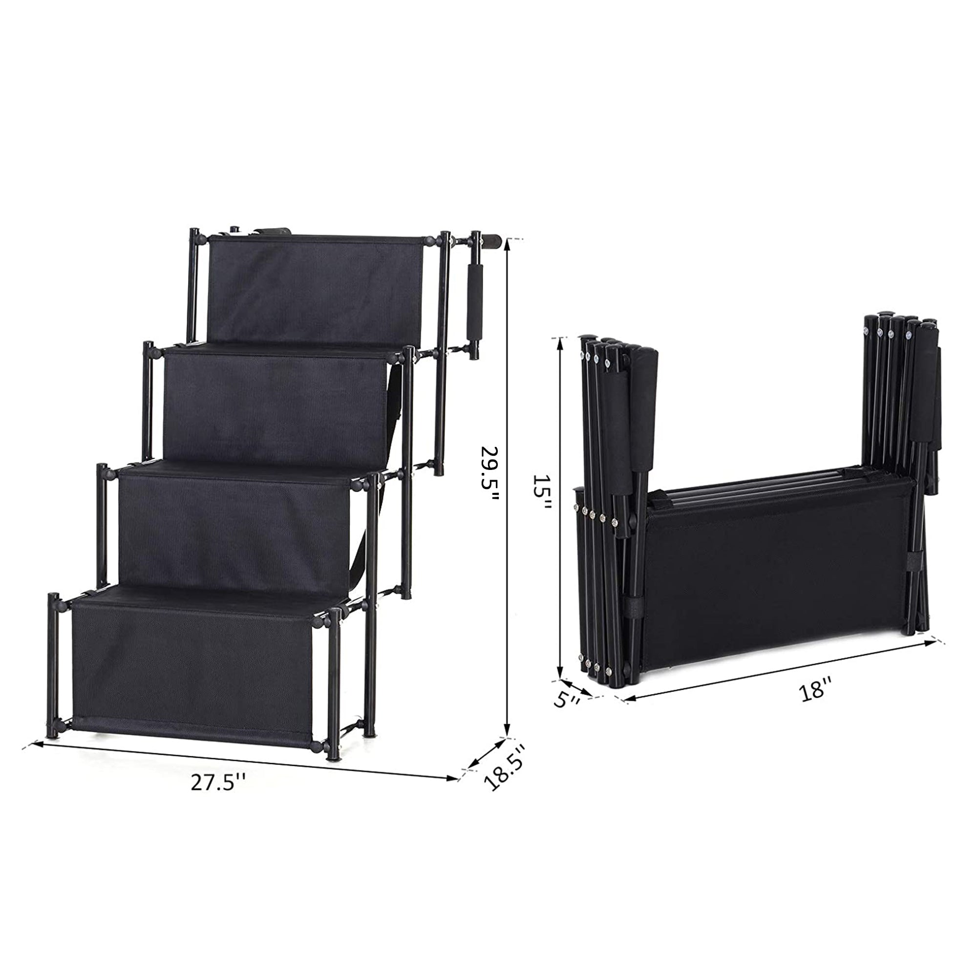 PawHut 4 Step Foldable Portable Pet Stairs Ramp Compact and Lightweight Nonslip Oxford Waterproof, includes safety tether for Indoor Outdoor Use, Black
