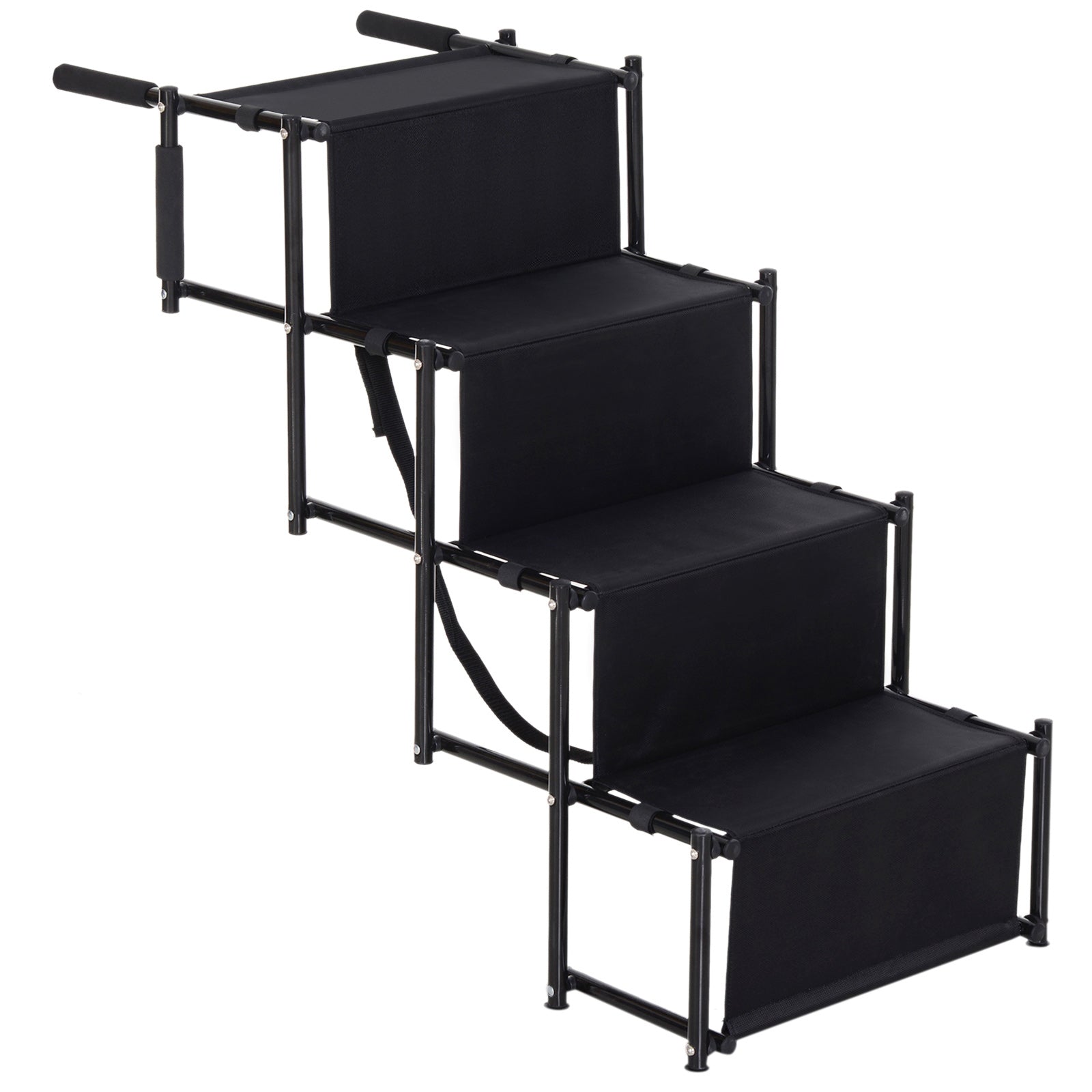 PawHut 4 Step Foldable Portable Pet Stairs Ramp Compact and Lightweight Nonslip Oxford Waterproof, includes safety tether for Indoor Outdoor Use, Black