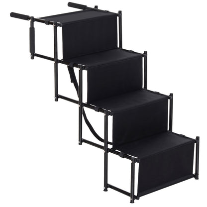 PawHut 4 Step Foldable Portable Pet Stairs Ramp Compact and Lightweight Nonslip Oxford Waterproof, includes safety tether for Indoor Outdoor Use, Black