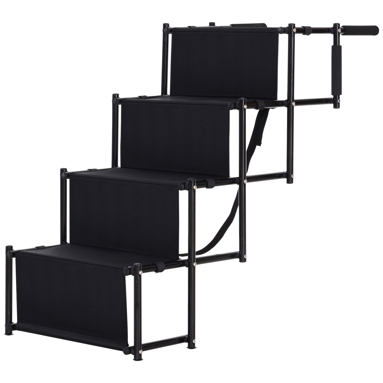 PawHut 4 Step Foldable Portable Pet Stairs Ramp Compact and Lightweight Nonslip Oxford Waterproof, includes safety tether for Indoor Outdoor Use, Black