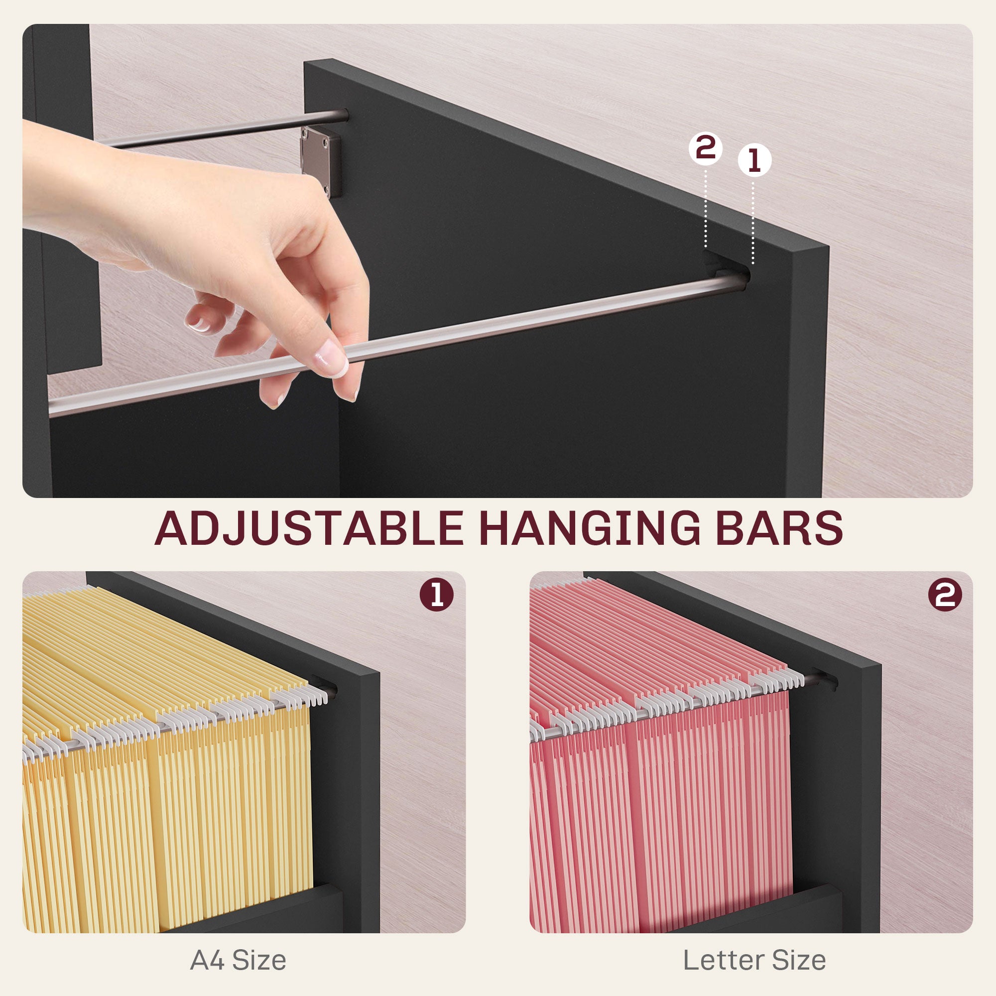 HOMCOM Vertical Filing Cabinet with 2 Drawers, Lockable File Cabinet with Adjustable Hanging Bars for A4 and Letter for Home Office, Black