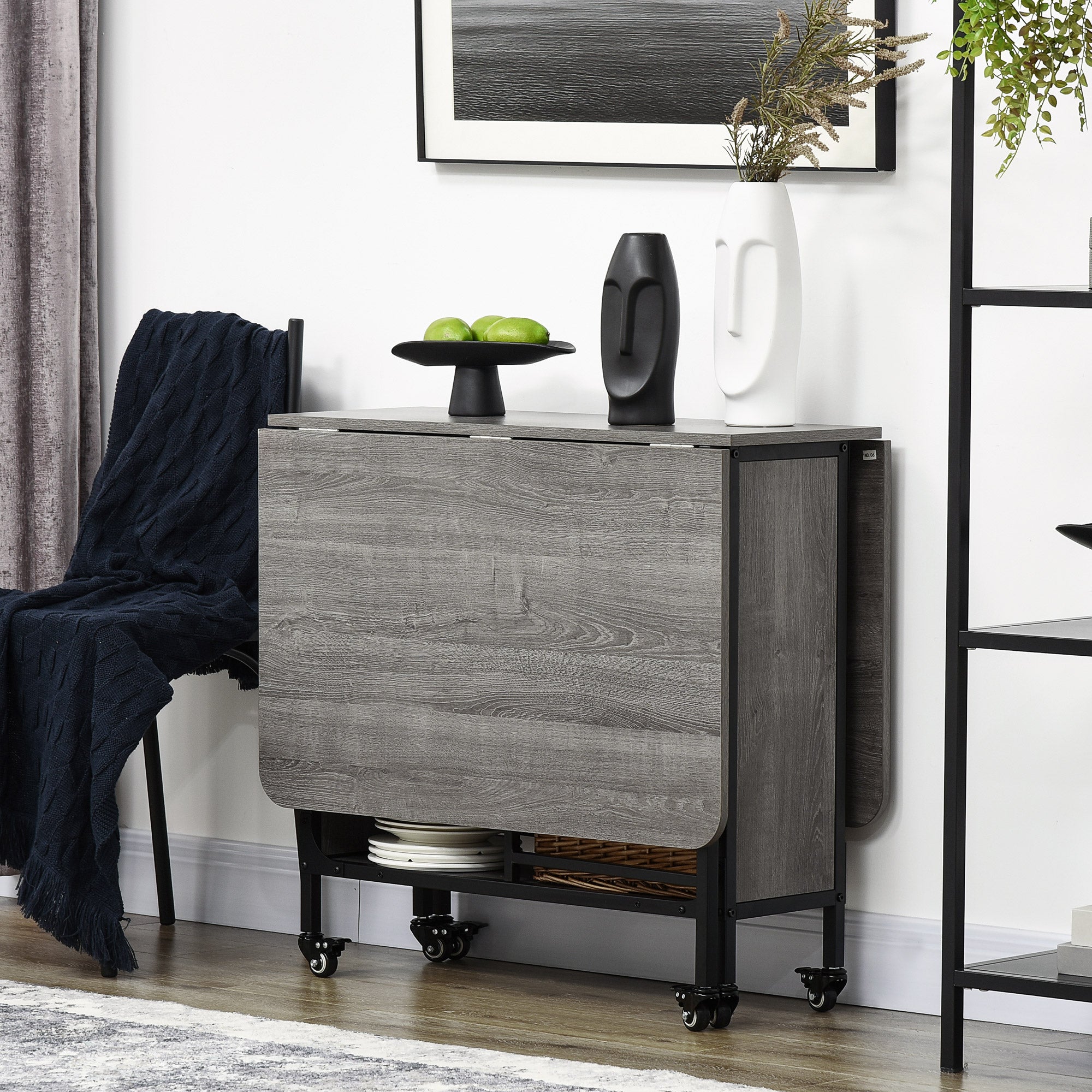 HOMCOM Folding Dining Table, Mobile Drop Leaf Table, Extendable Kitchen Table with Storage Shelf and 6 Wheels for Small Spaces, Distressed Grey