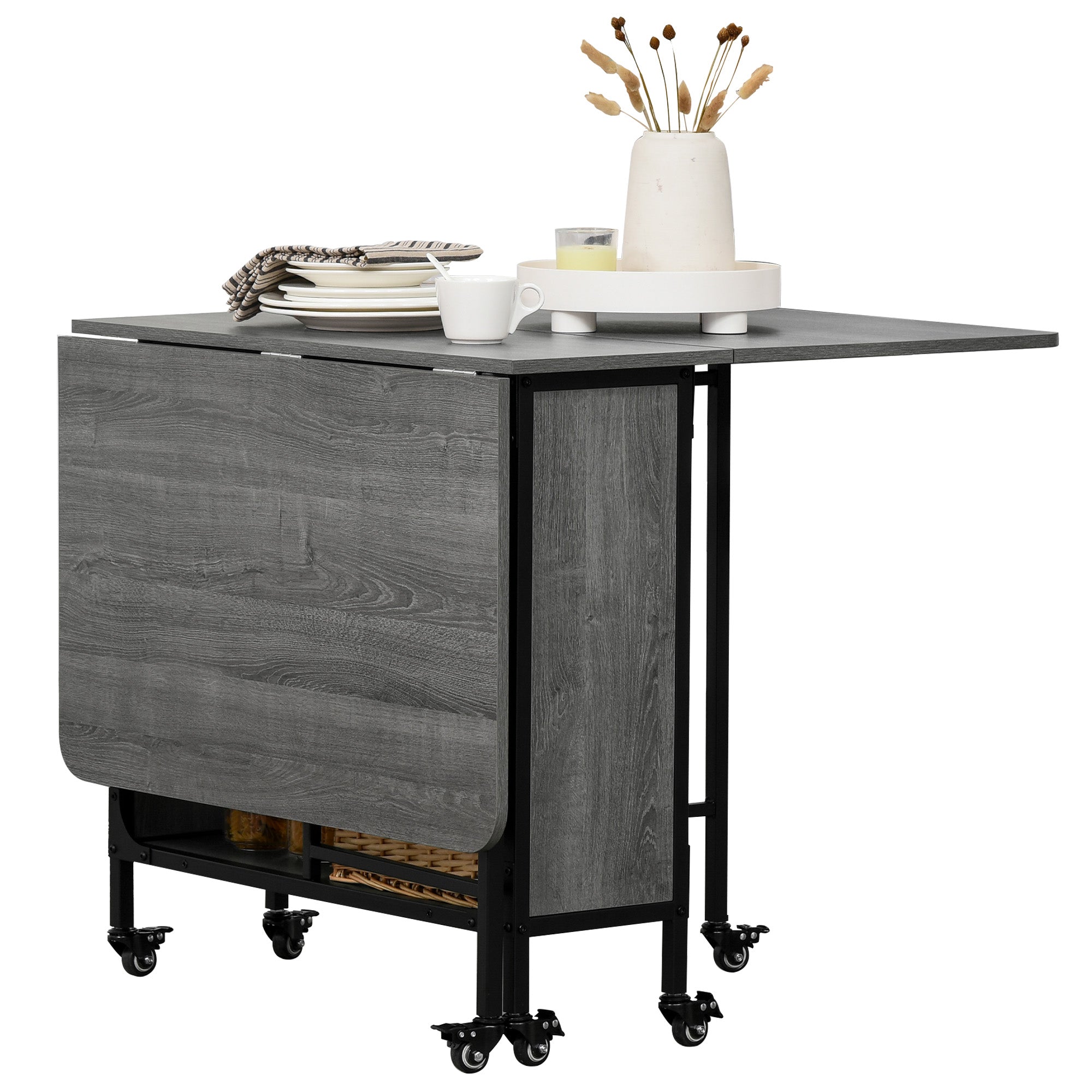 HOMCOM Folding Dining Table, Mobile Drop Leaf Table, Extendable Kitchen Table with Storage Shelf and 6 Wheels for Small Spaces, Distressed Grey