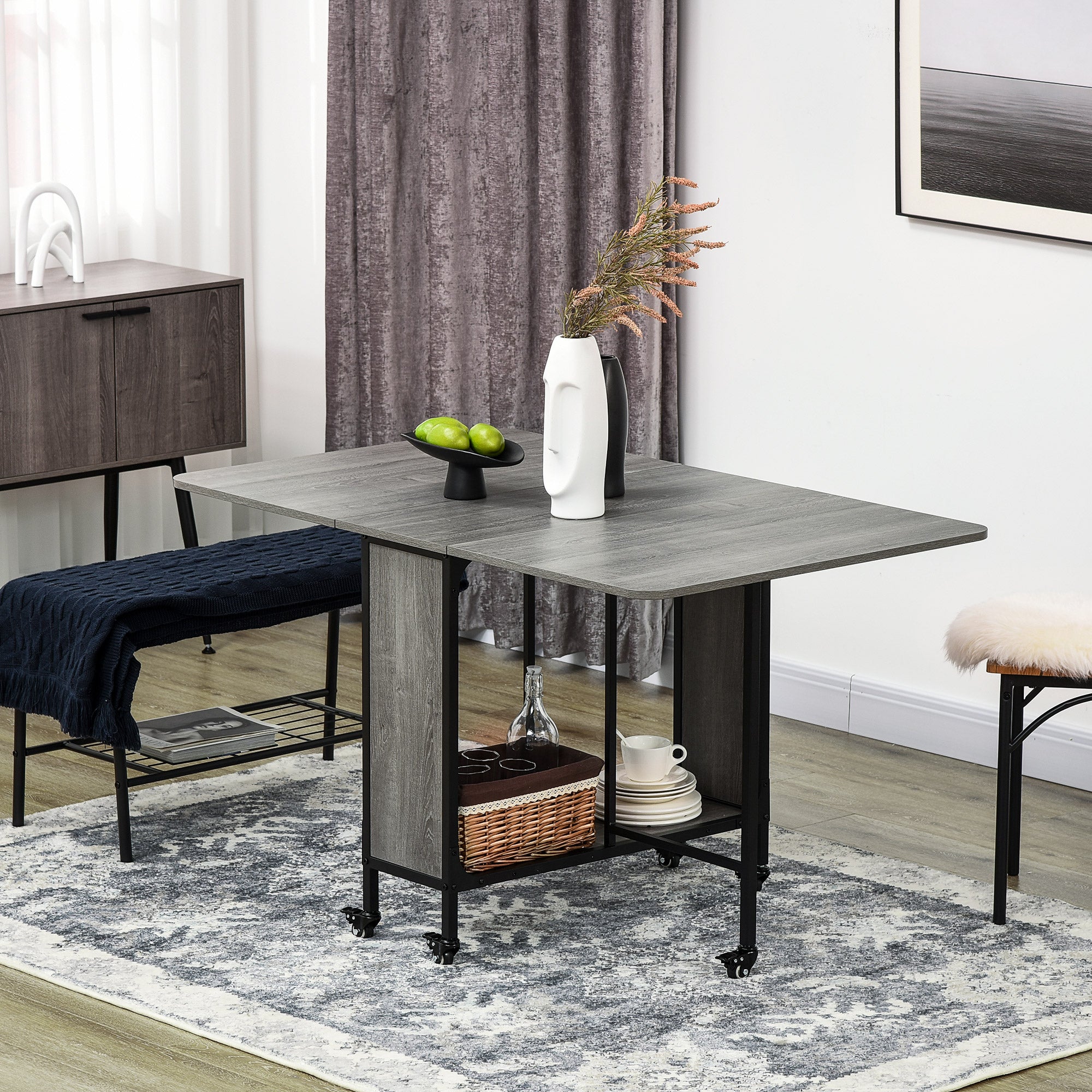 HOMCOM Folding Dining Table, Mobile Drop Leaf Table, Extendable Kitchen Table with Storage Shelf and 6 Wheels for Small Spaces, Distressed Grey