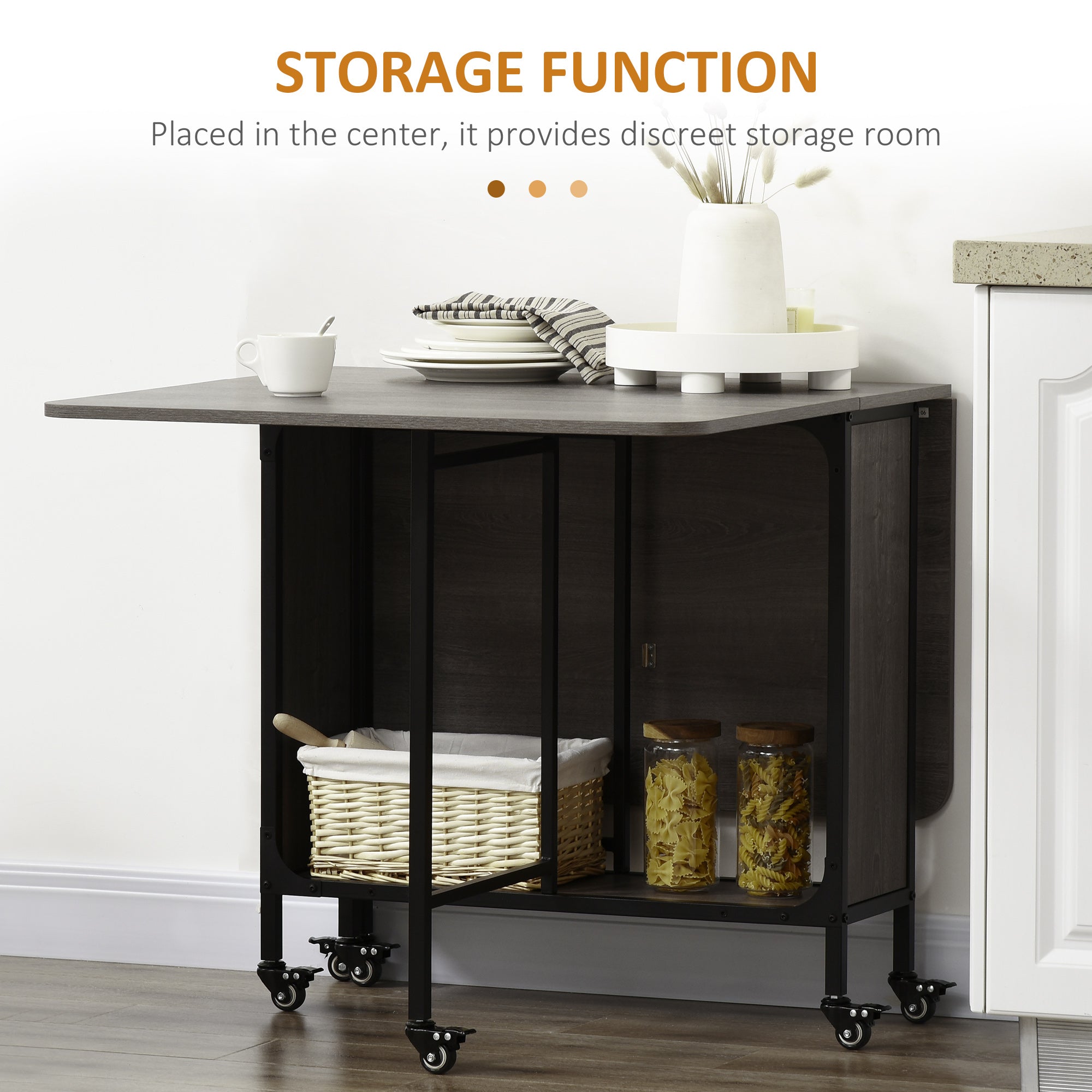 HOMCOM Folding Dining Table, Mobile Drop Leaf Table, Extendable Kitchen Table with Storage Shelf and 6 Wheels for Small Spaces, Distressed Grey