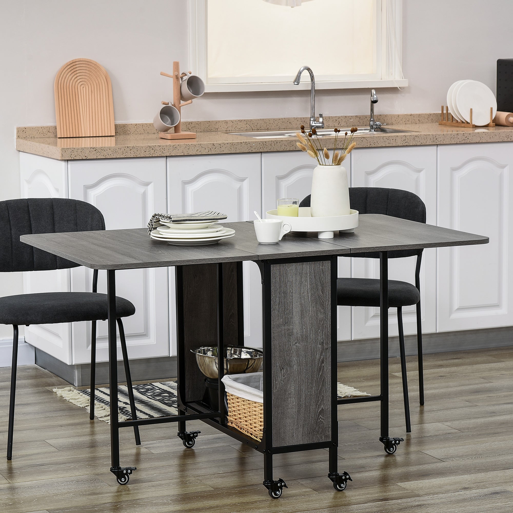 HOMCOM Folding Dining Table, Mobile Drop Leaf Table, Extendable Kitchen Table with Storage Shelf and 6 Wheels for Small Spaces, Distressed Grey