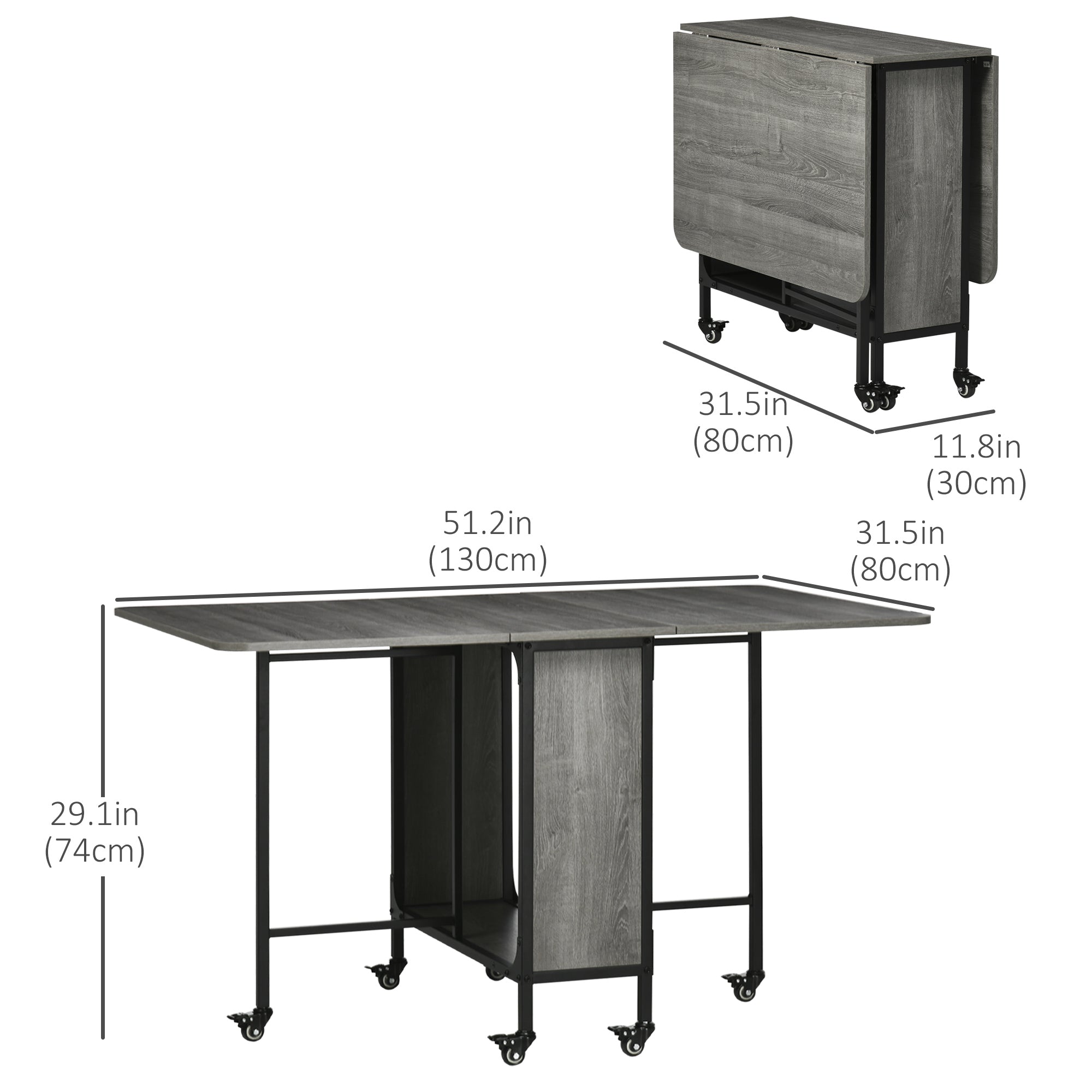 HOMCOM Folding Dining Table, Mobile Drop Leaf Table, Extendable Kitchen Table with Storage Shelf and 6 Wheels for Small Spaces, Distressed Grey