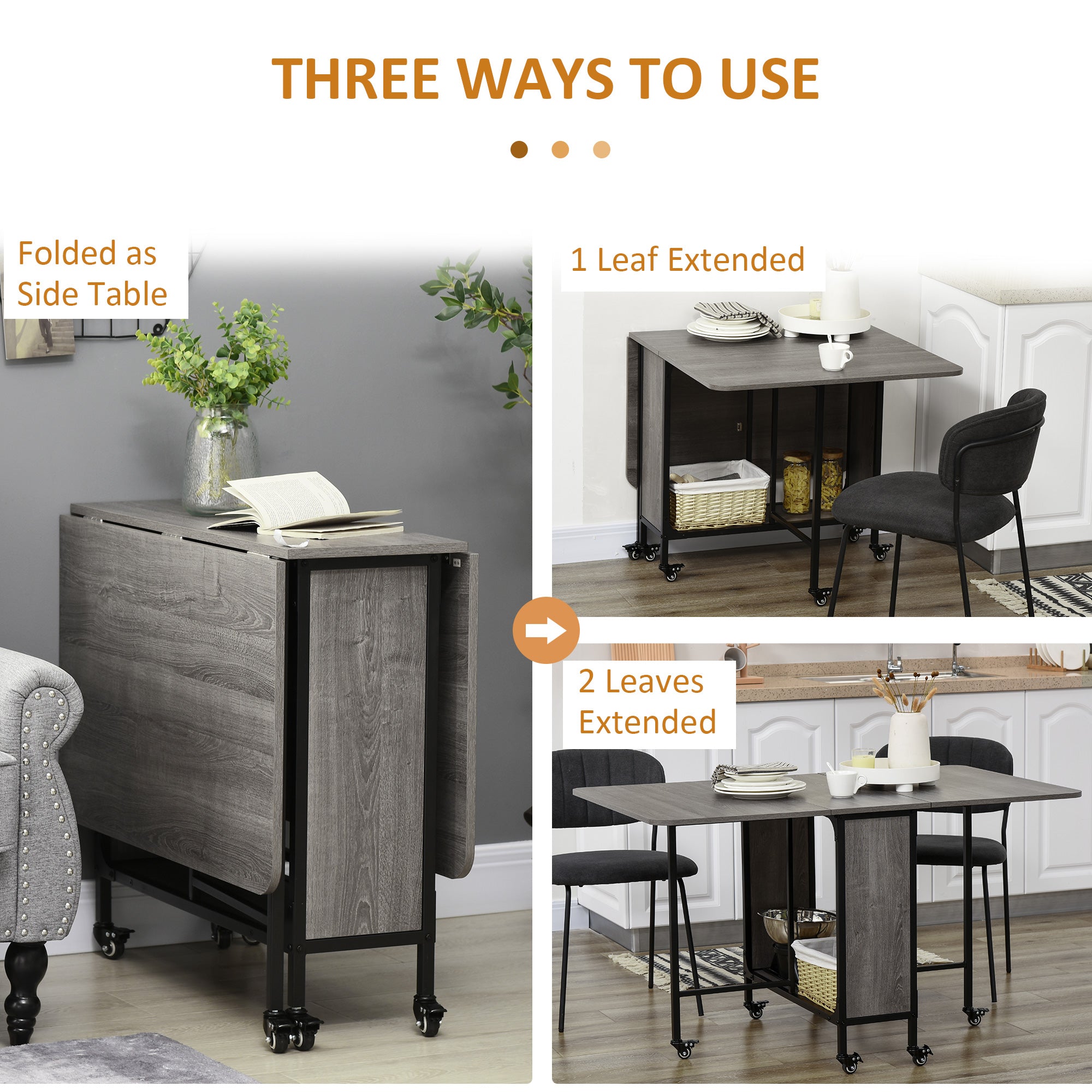 HOMCOM Folding Dining Table, Mobile Drop Leaf Table, Extendable Kitchen Table with Storage Shelf and 6 Wheels for Small Spaces, Distressed Grey