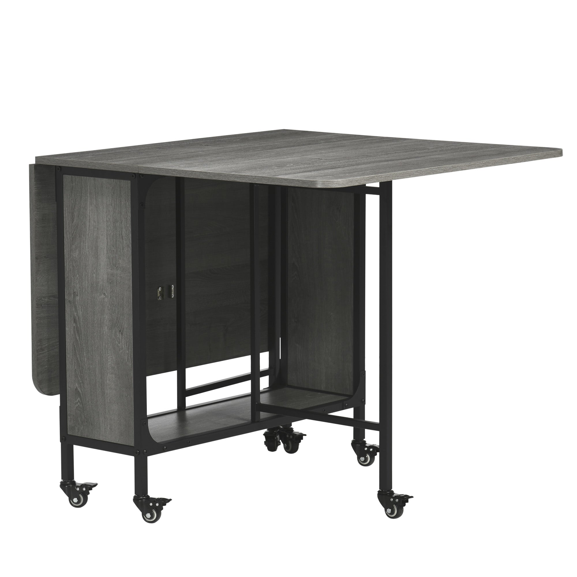 HOMCOM Folding Dining Table, Mobile Drop Leaf Table, Extendable Kitchen Table with Storage Shelf and 6 Wheels for Small Spaces, Distressed Grey