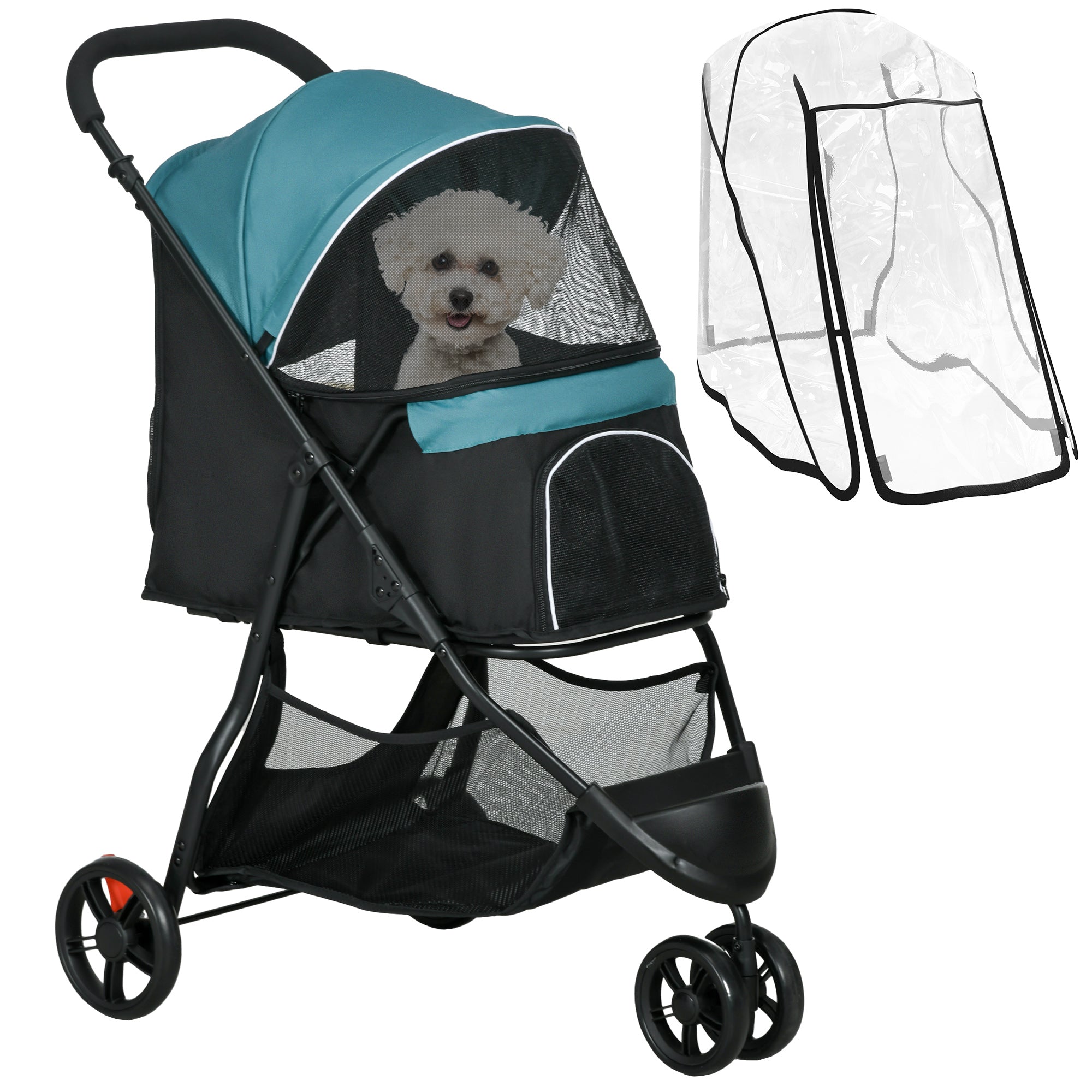 PawHut Dog Pram with Rain Cover Pet Stroller, Foldable Dog Pushchair for Small and Miniature Dogs, Cats - Dark Green